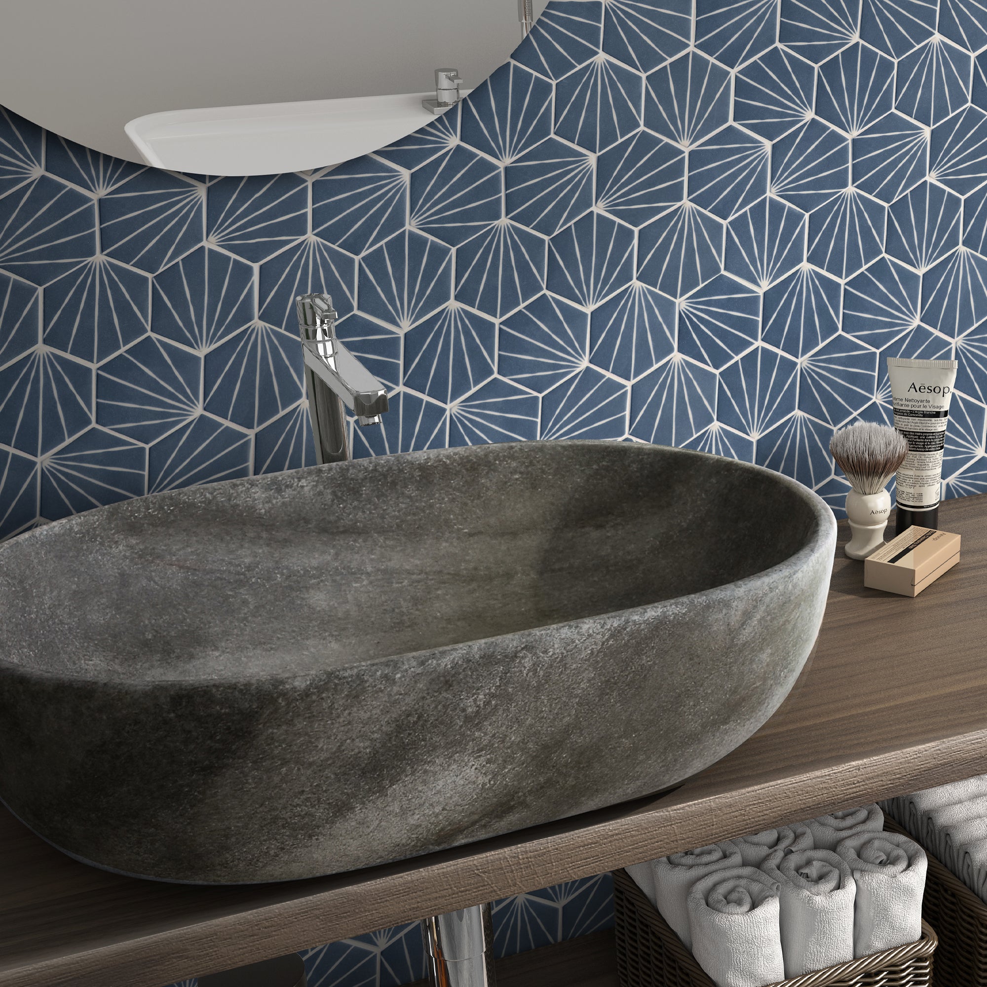 Art Deco Hexagon Navy Blue Recycled Glass Floor and Wall Mosaic Tile