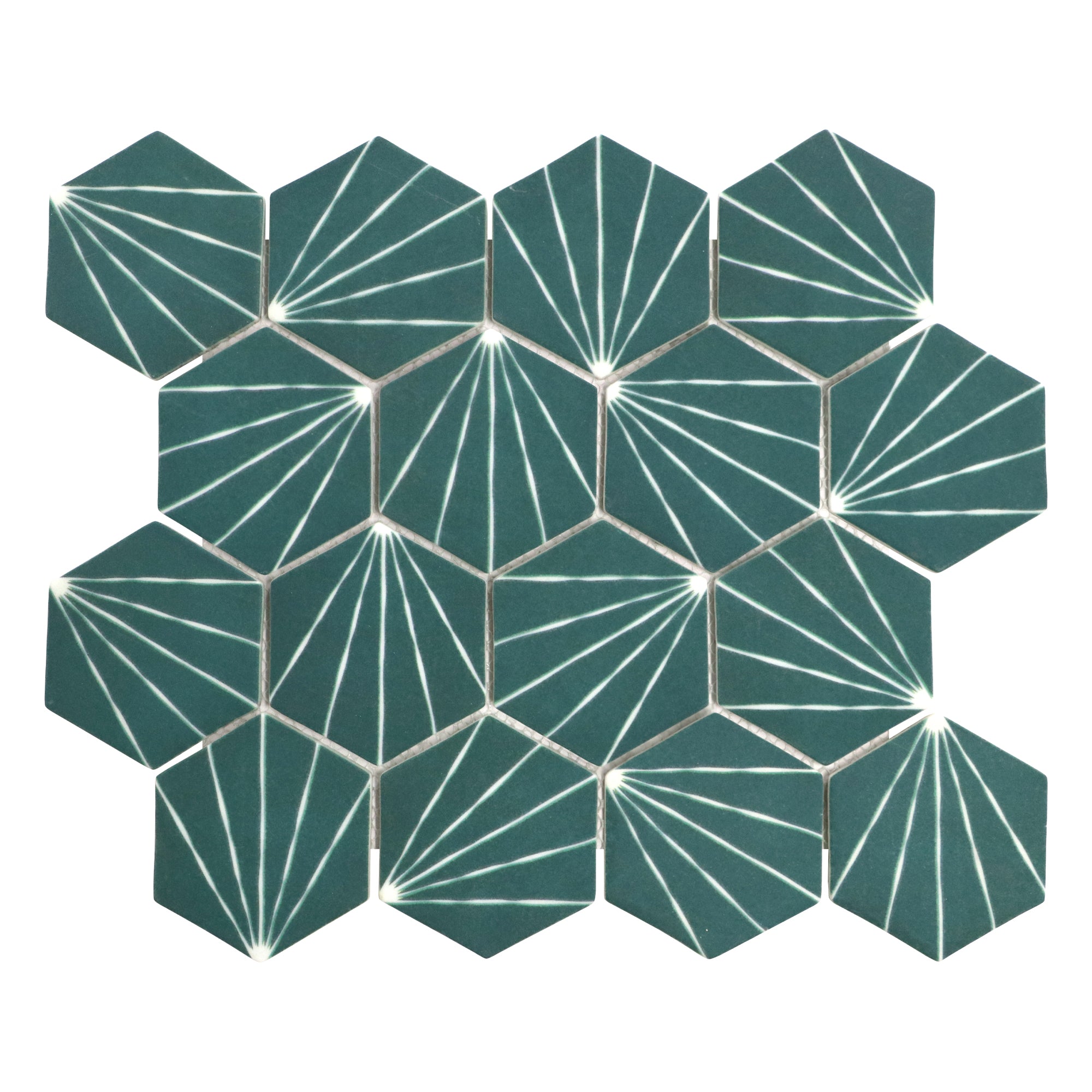 Art Deco Hexagon Green Recycled Glass Floor and Wall Mosaic Tile
