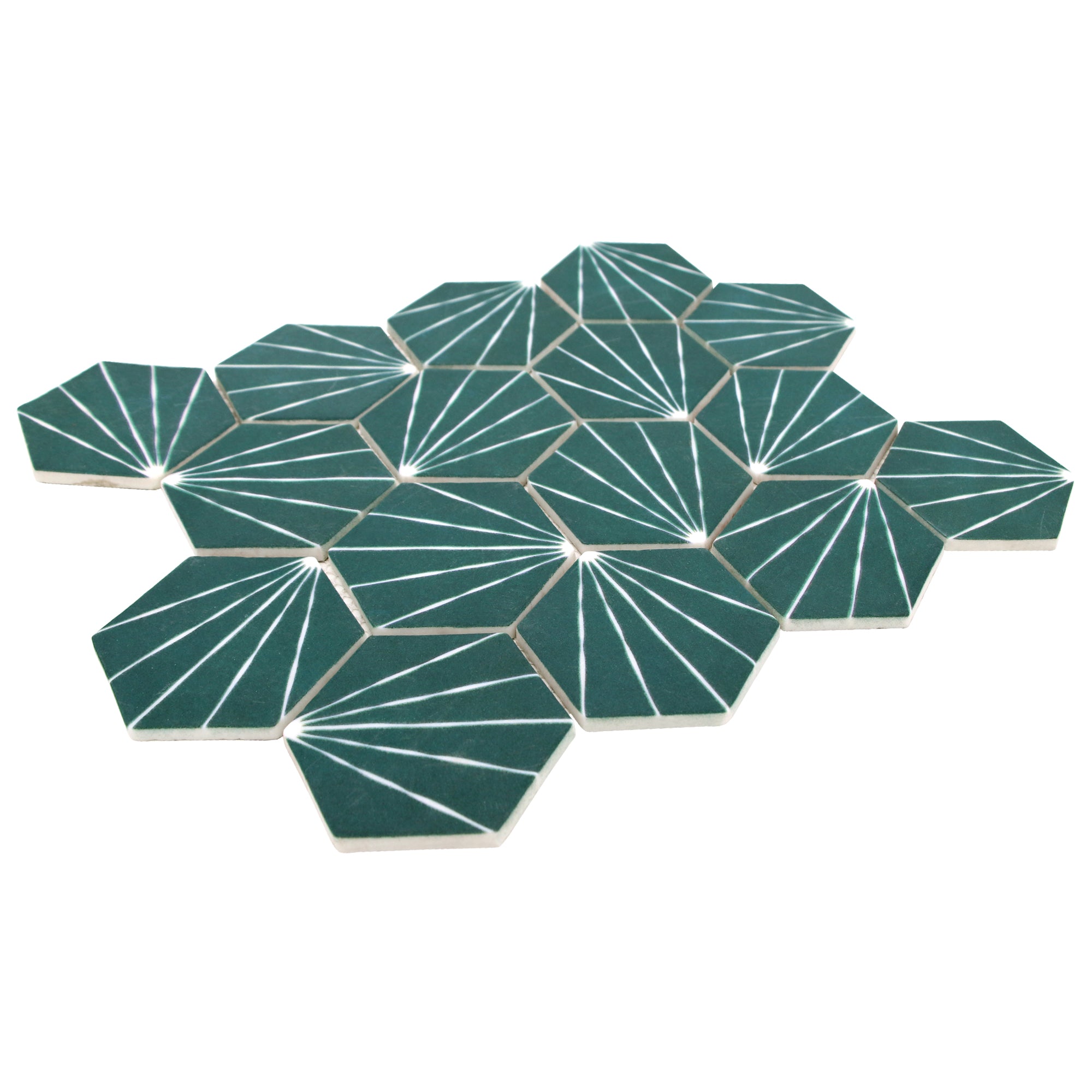 Art Deco Hexagon Green Recycled Glass Floor and Wall Mosaic Tile