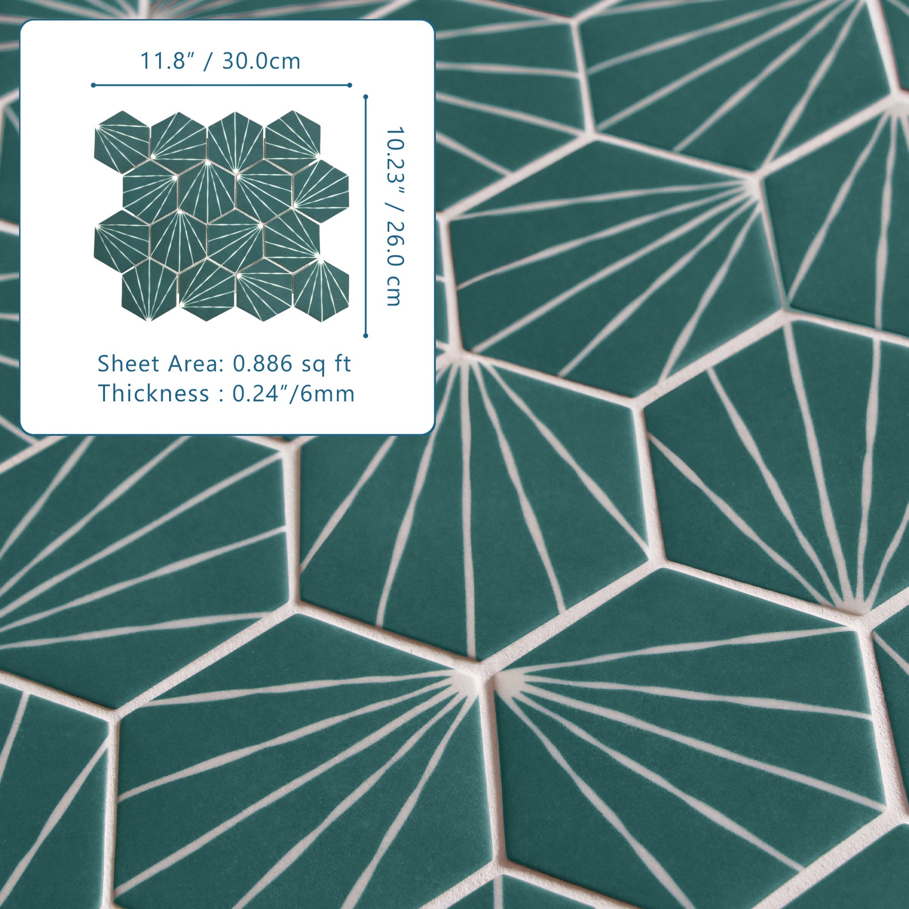Art Deco Hexagon Green Recycled Glass Floor And Wall Mosaic Tile