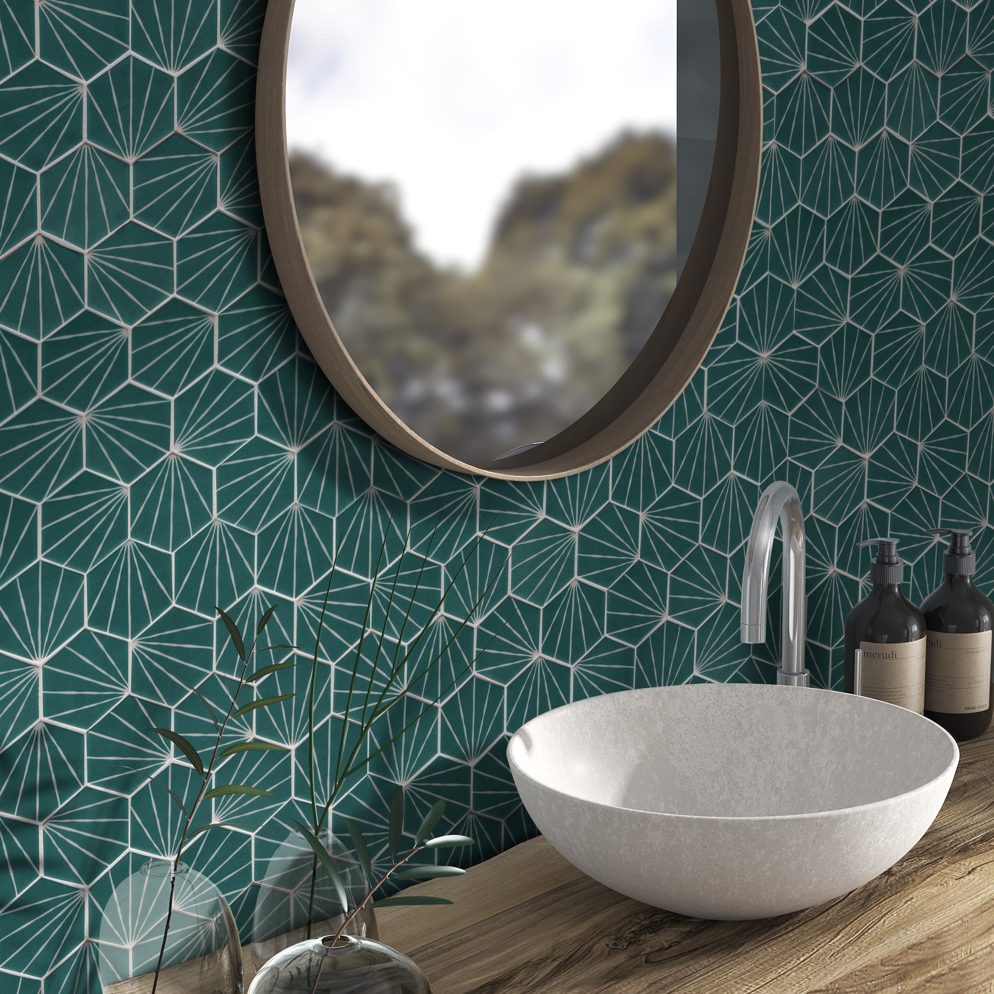 Art Deco Hexagon Green Recycled Glass Floor and Wall Mosaic Tile