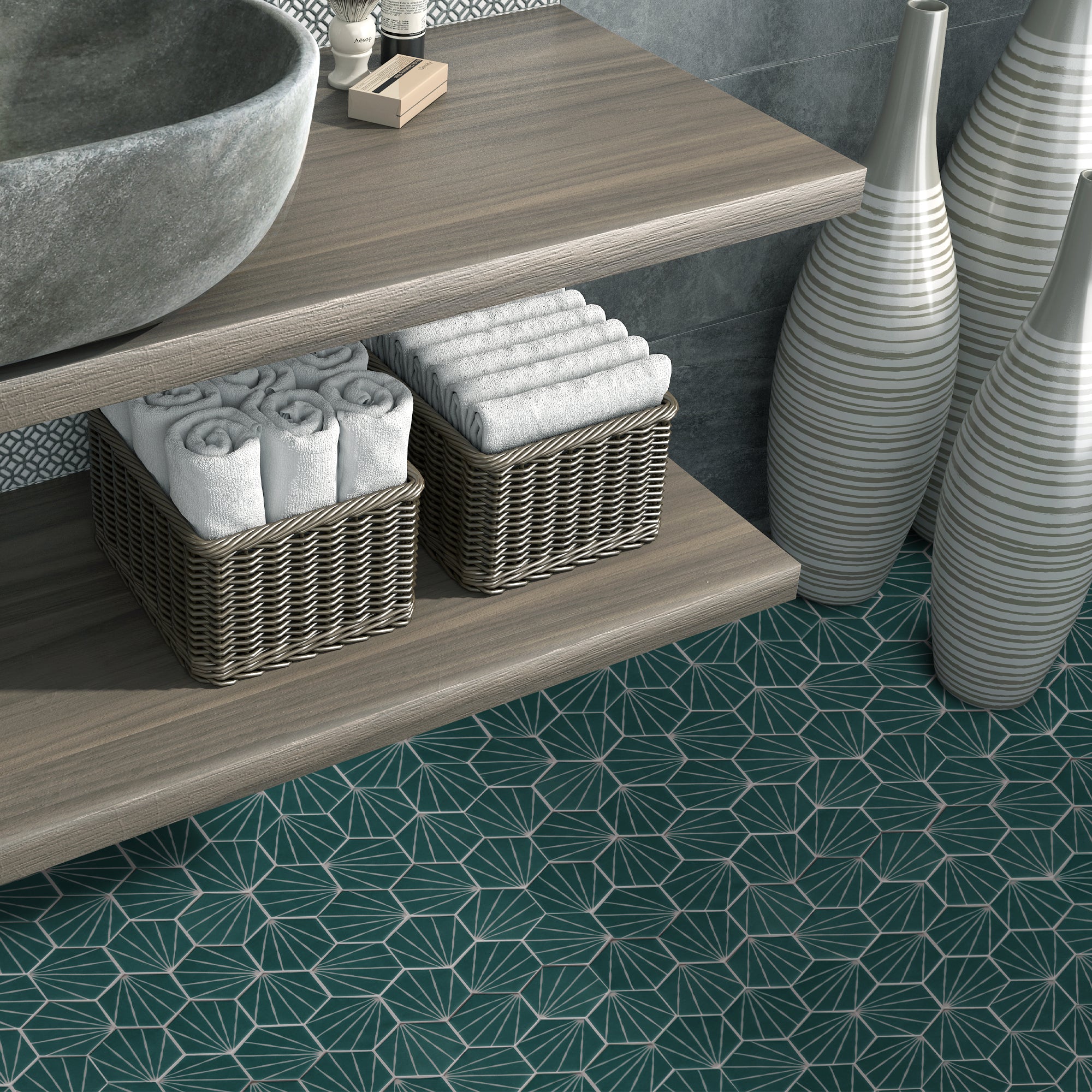 Art Deco Hexagon Green Recycled Glass Floor and Wall Mosaic Tile