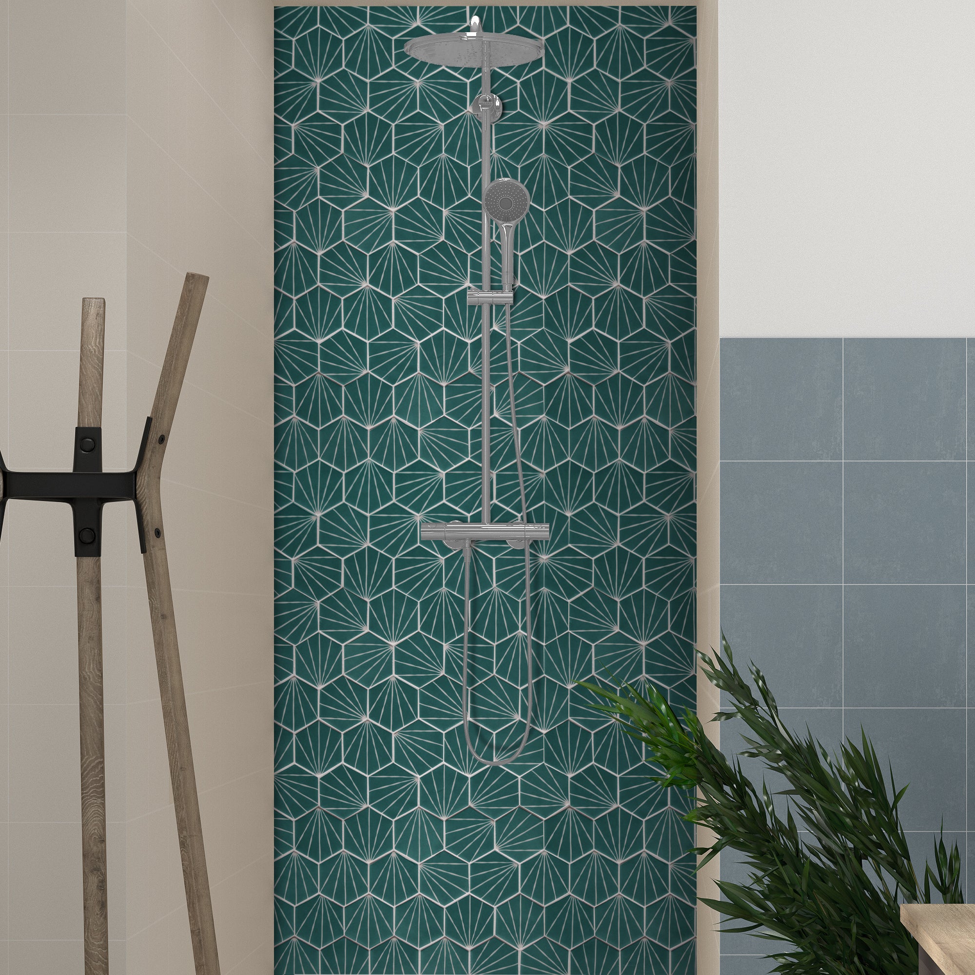 Art Deco Hexagon Green Recycled Glass Floor and Wall Mosaic Tile