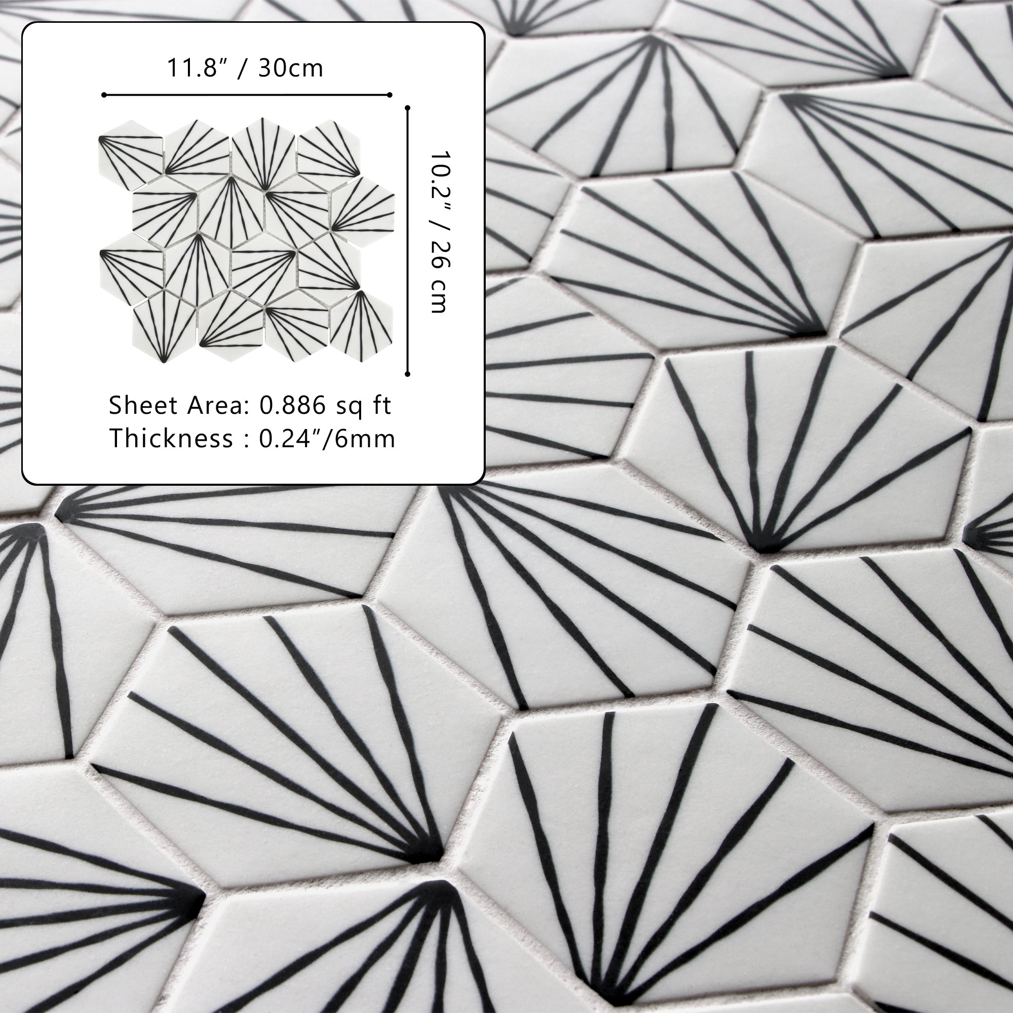 Art Deco Hexagon White Recycled Glass Floor and Wall Mosaic Tile