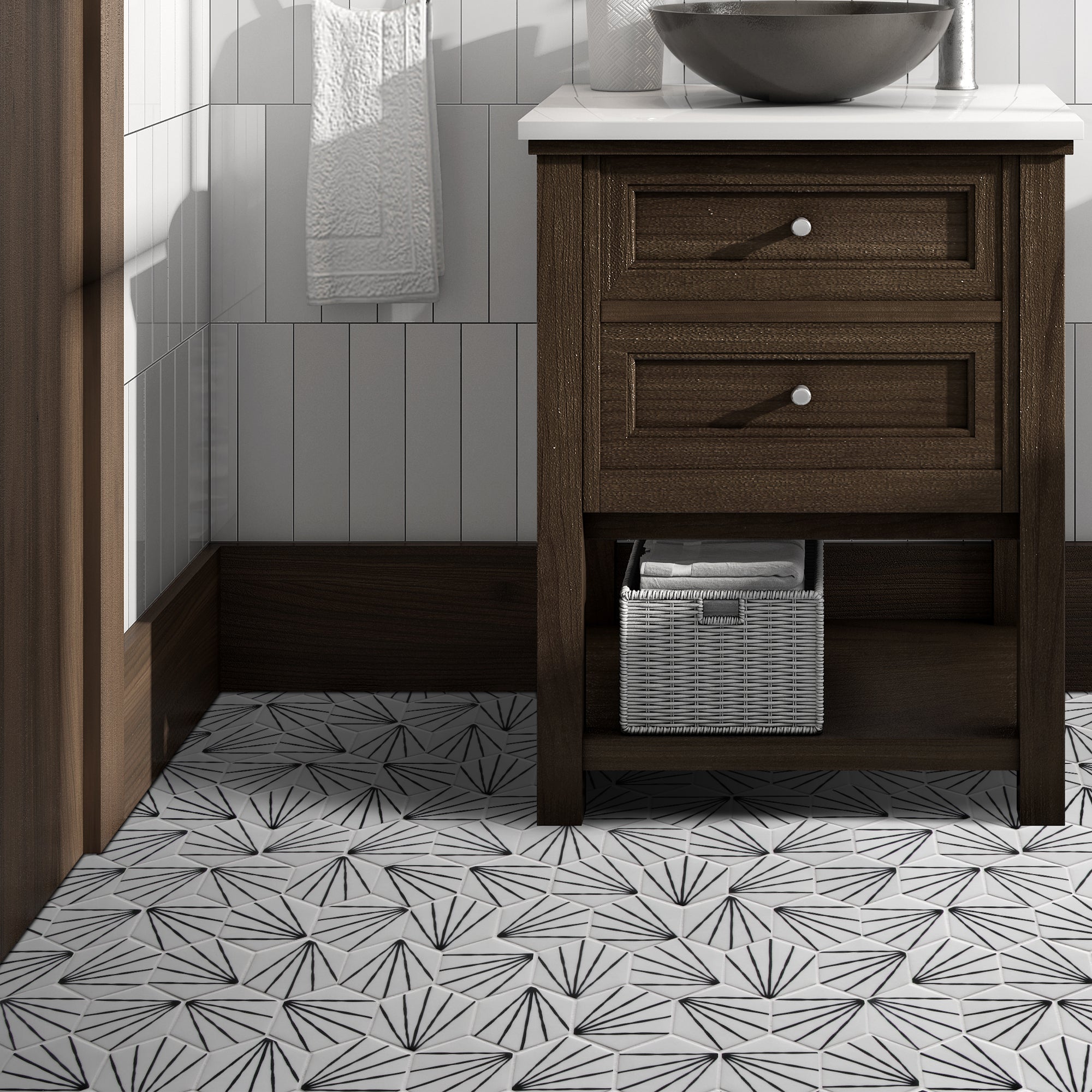 Art Deco Hexagon White Recycled Glass Floor and Wall Mosaic Tile