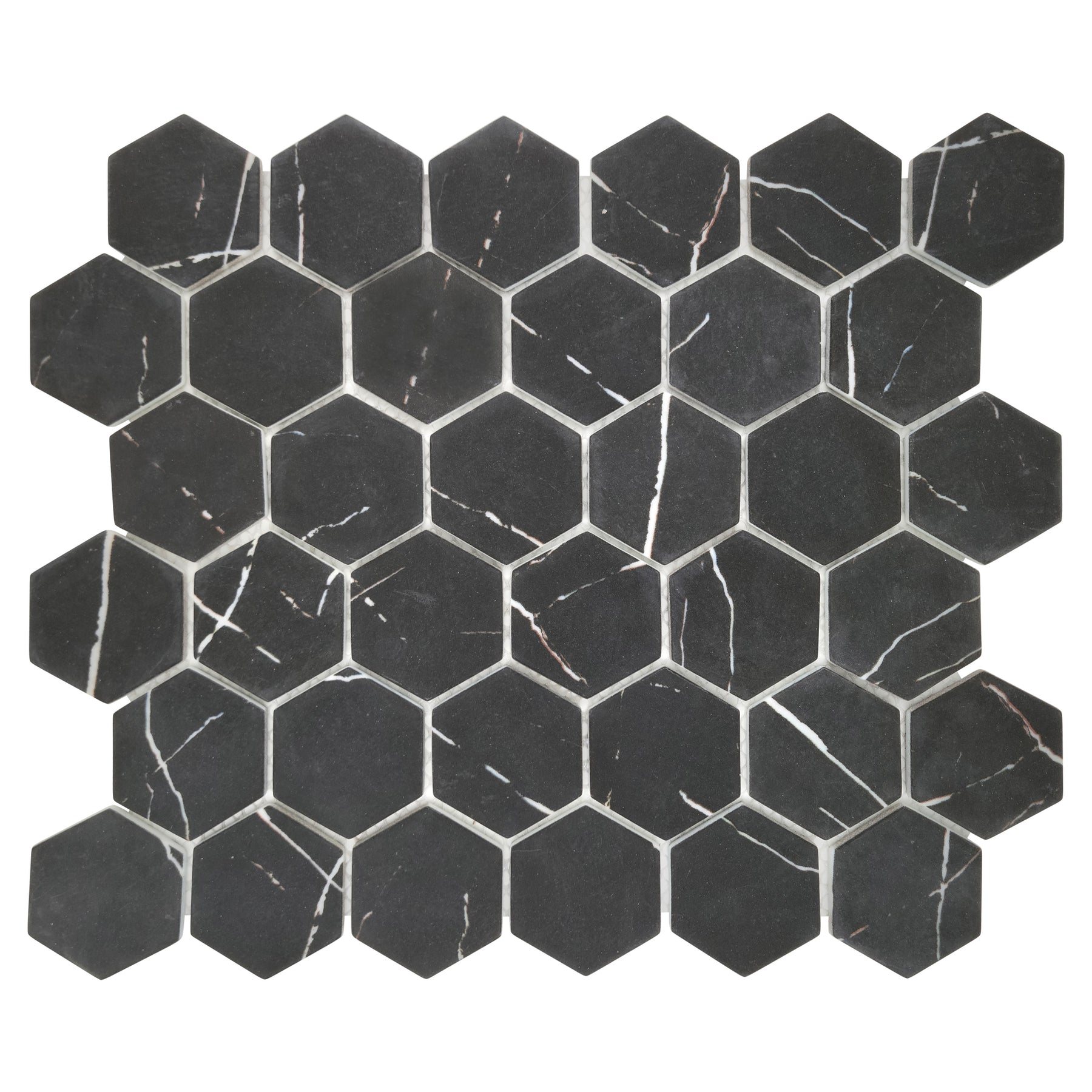 Black Marquina 11.7" x 10.2" Hexagon Recycled Glass Floor And Wall Mosaic Tile