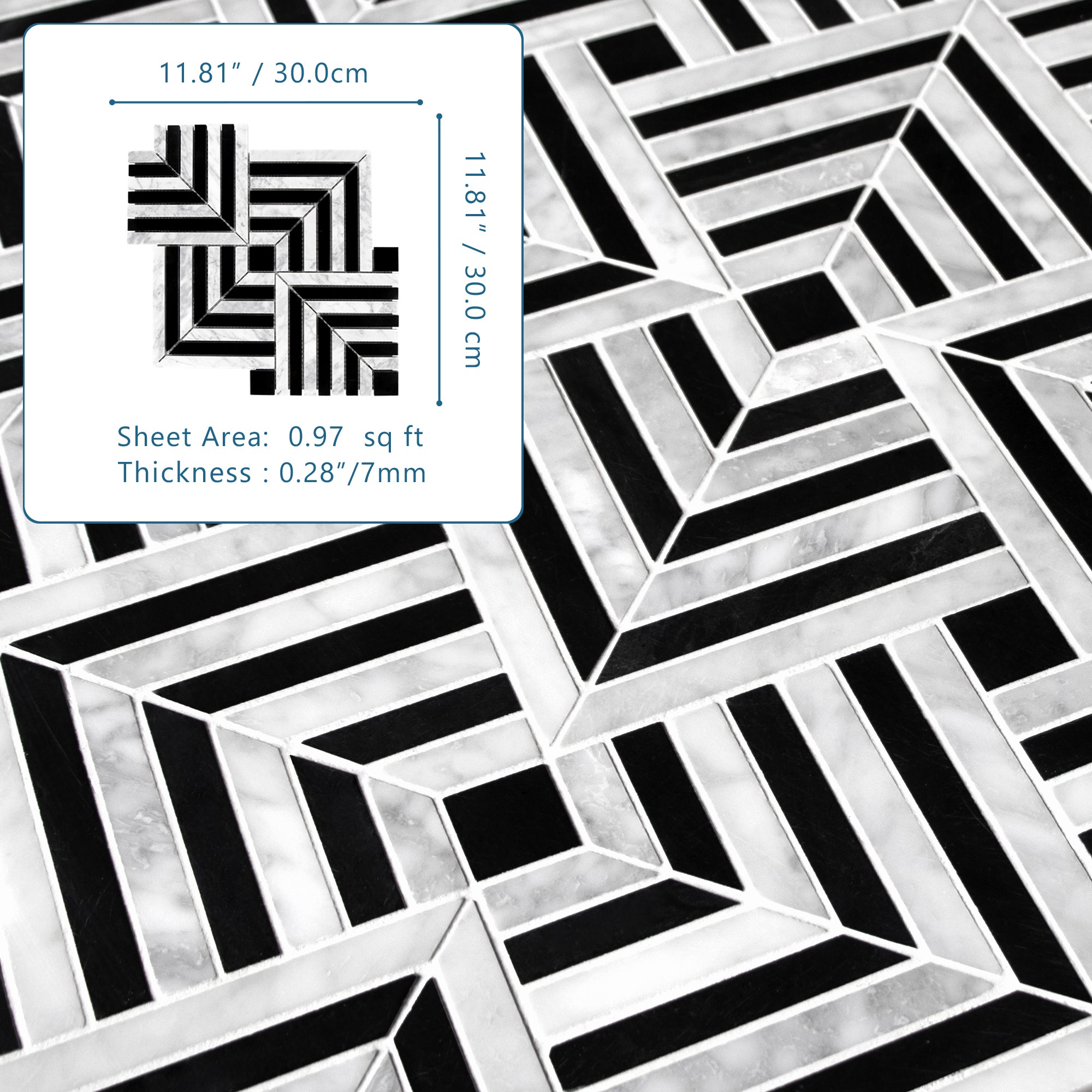 Square Carrara White and Black Marquina Natural Marble Floor and Wall Mosaic Tile