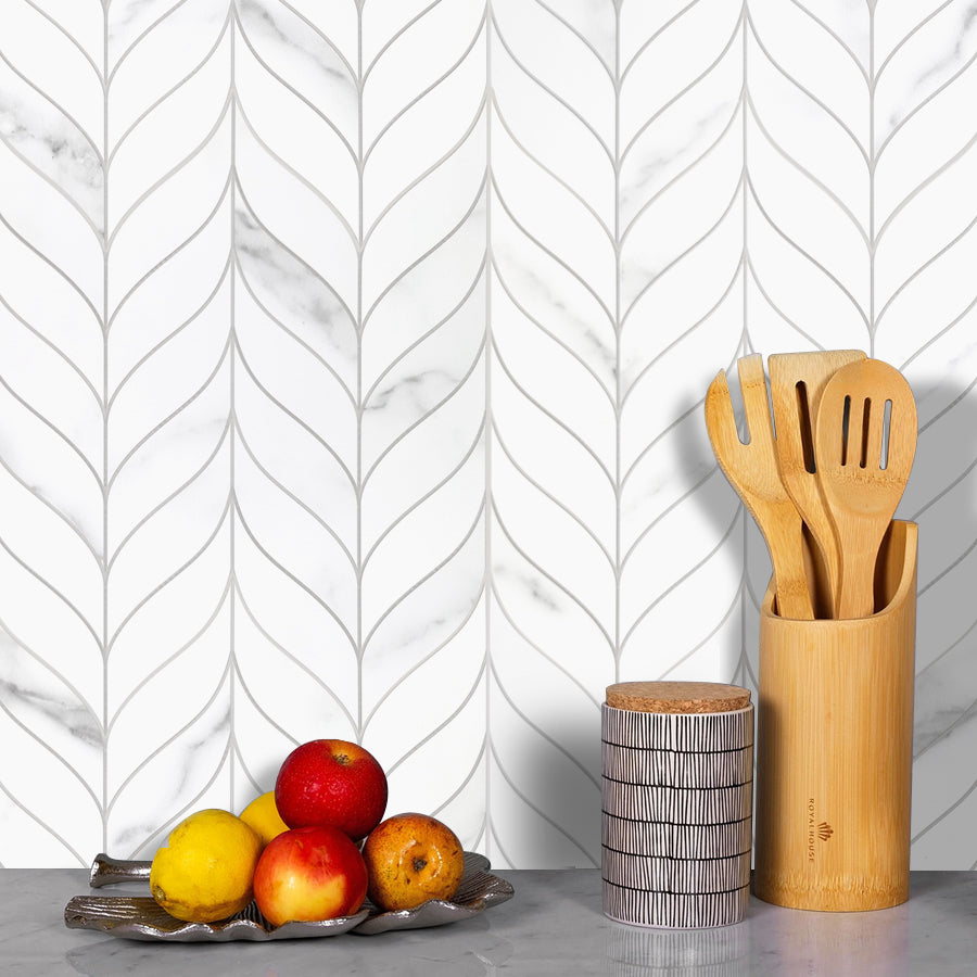 Waterjet Leaf White Peel and Stick Tile