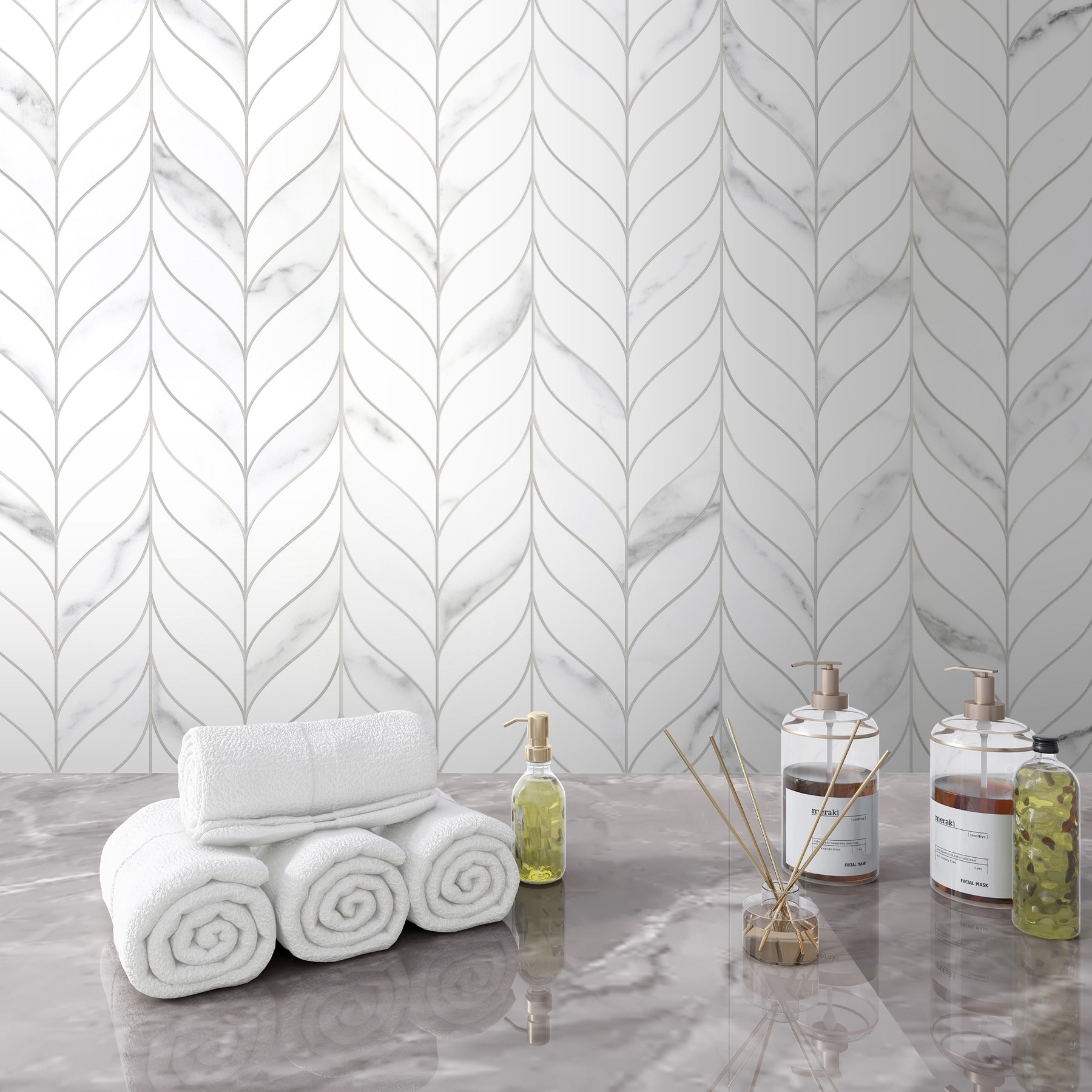 Waterjet Leaf White Peel and Stick Tile