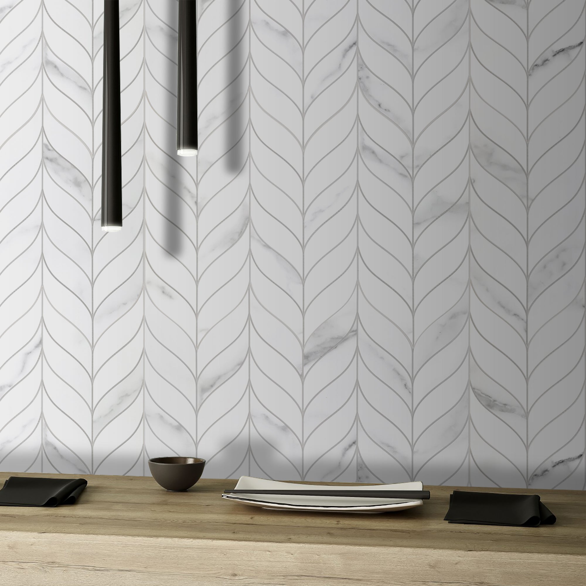 Waterjet Leaf White Peel and Stick Tile