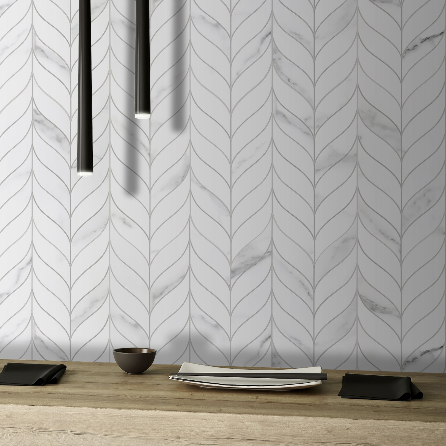 Waterjet Leaf White Peel and Stick Tile