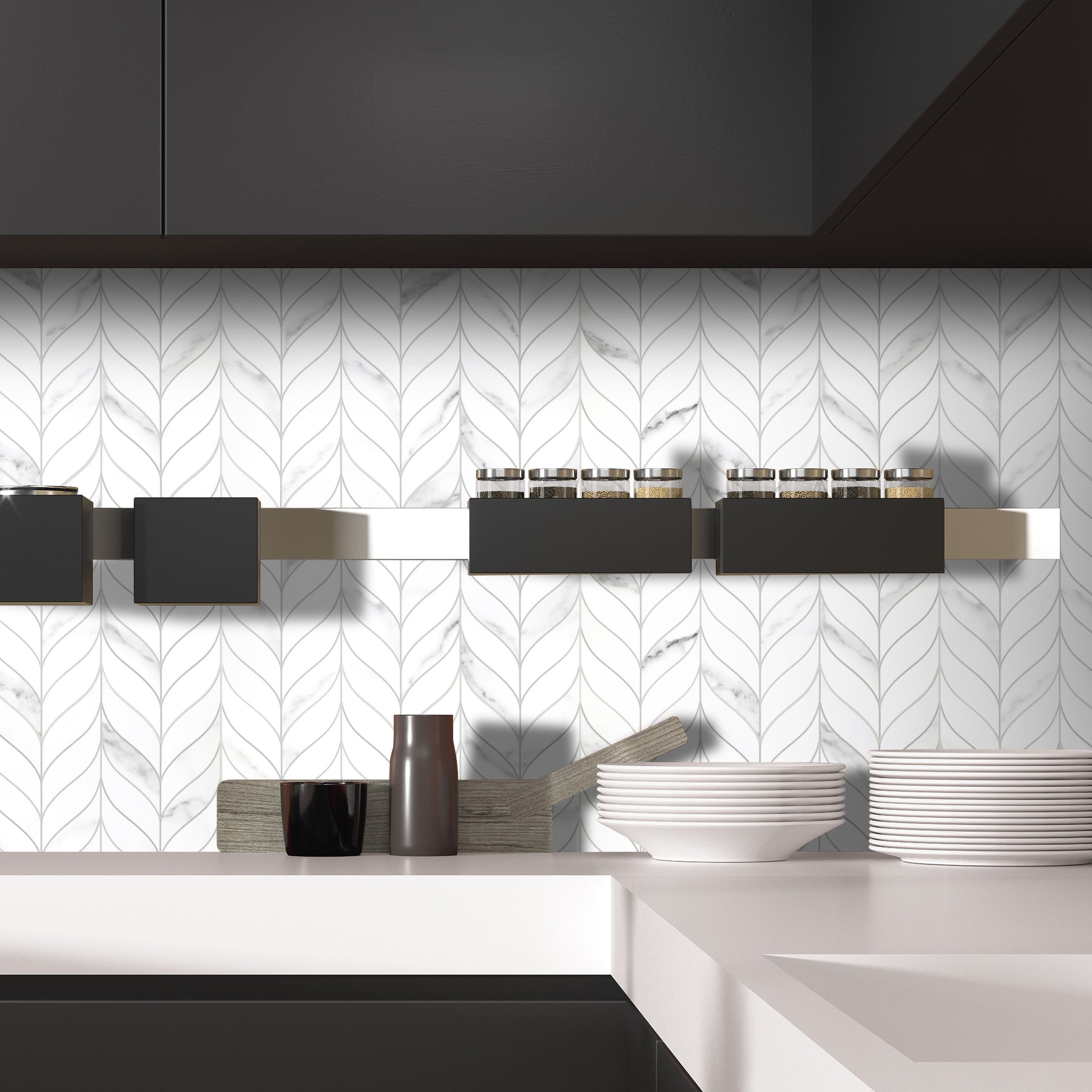 Waterjet Leaf White Peel and Stick Tile
