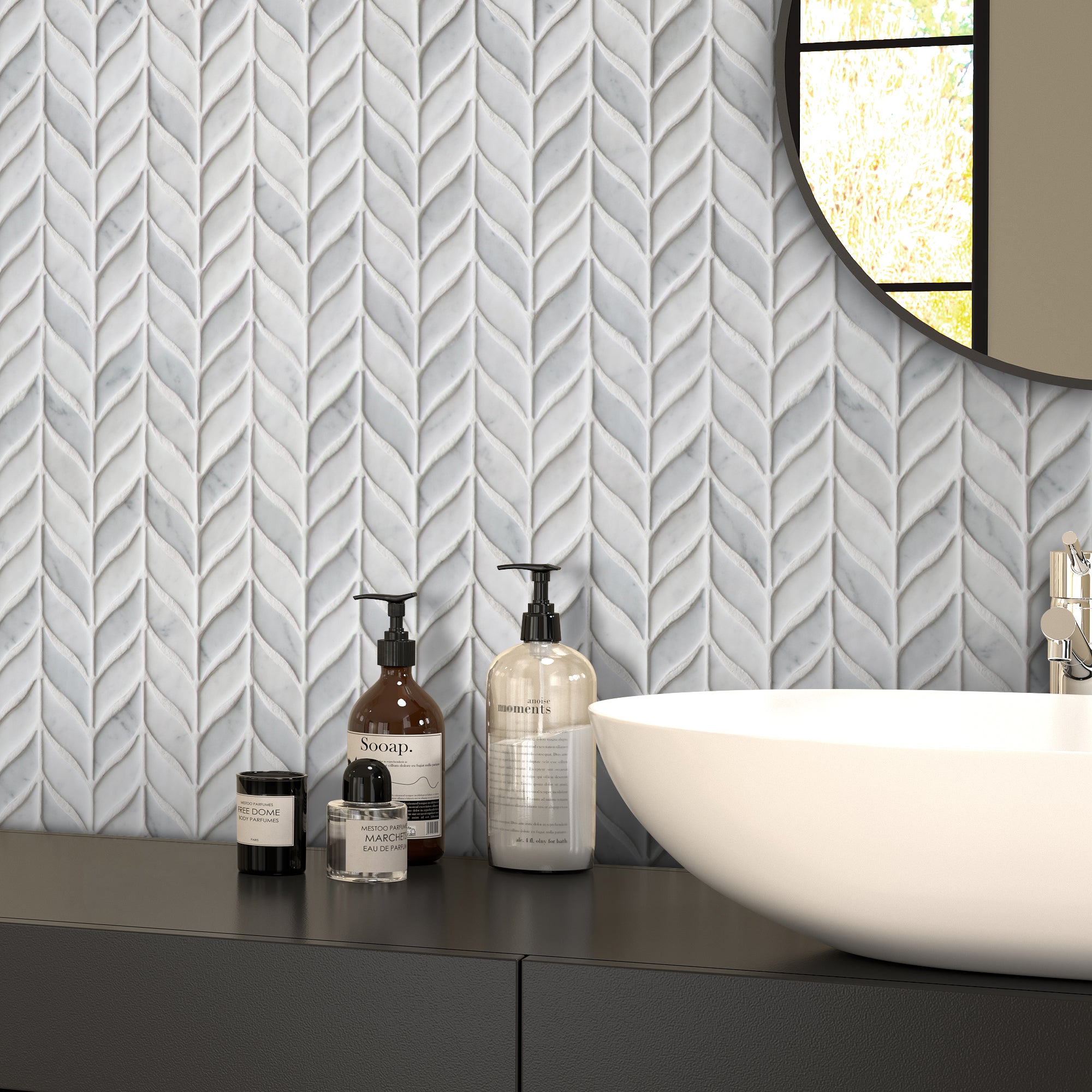 Leaf Carrara White Recycled Glass Floor and Wall Mosaic Tile