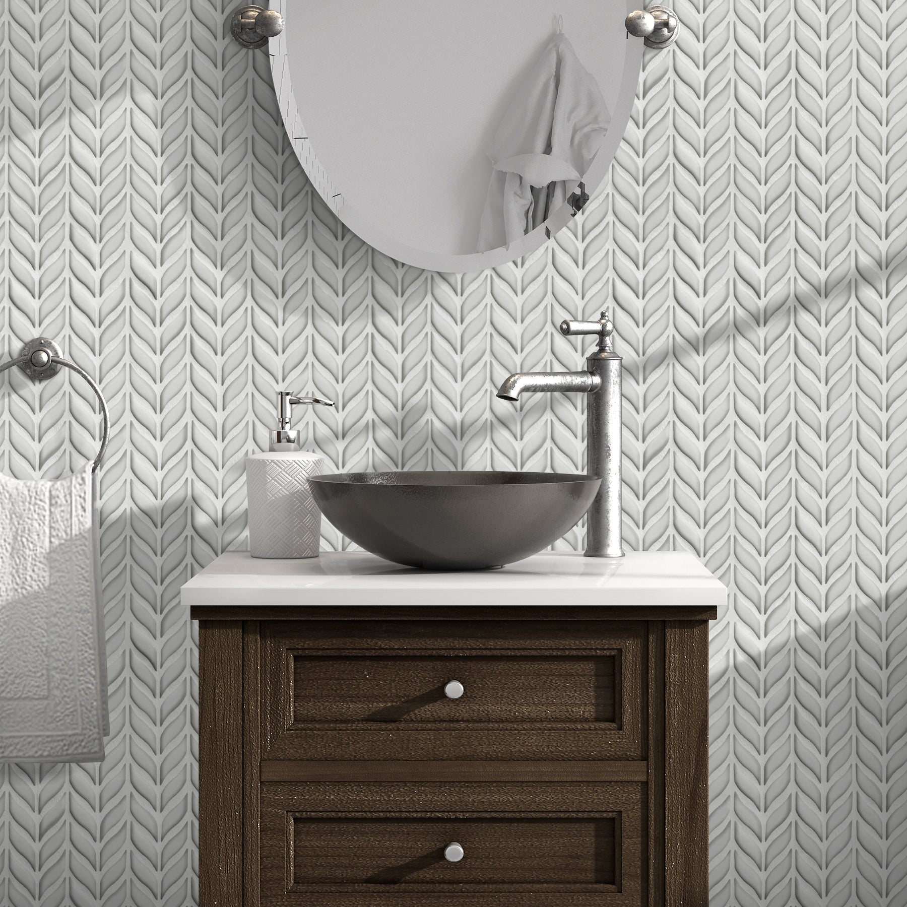 Glazed White Leaf Waterjet Recycled Glass Floor And Wall Mosaic Tile