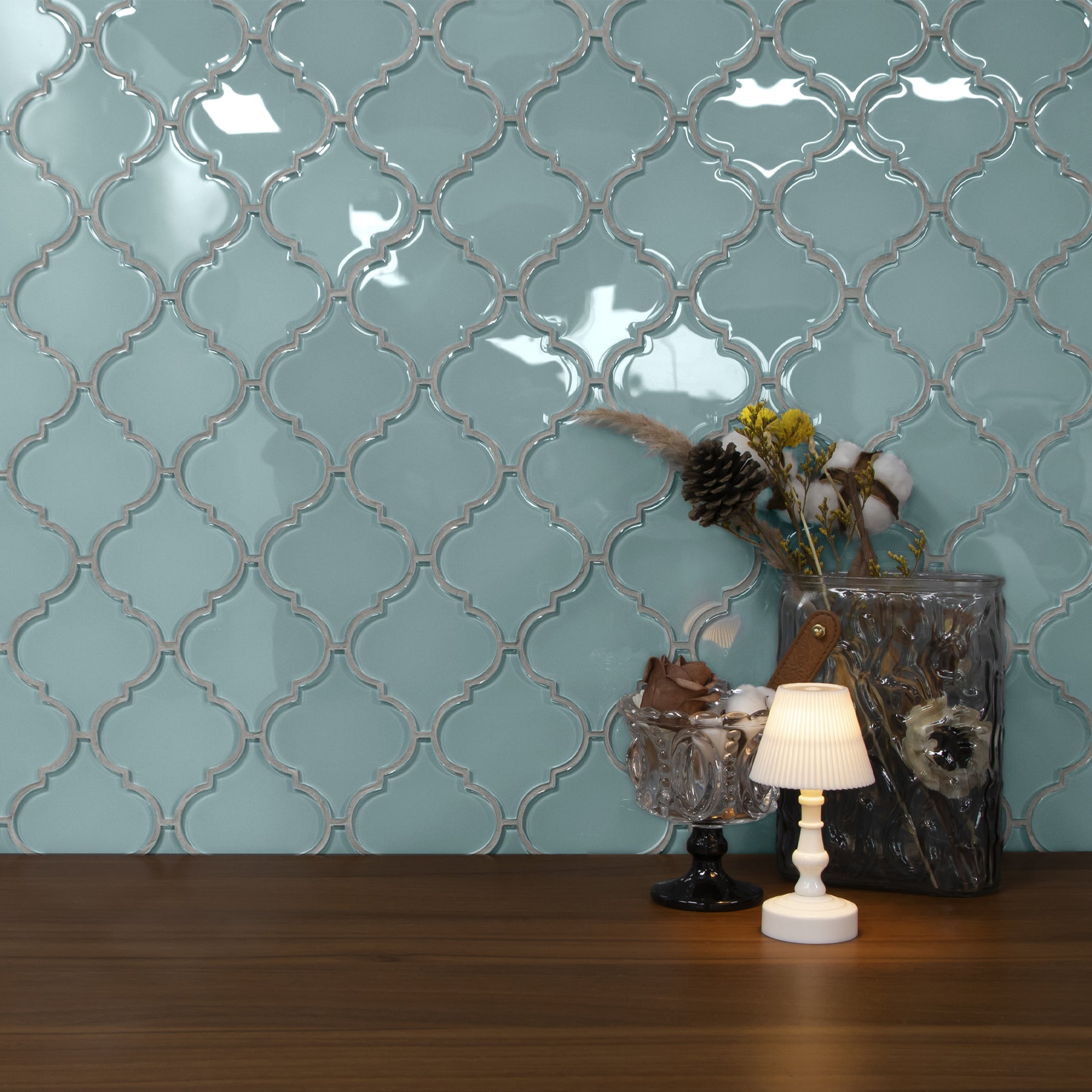 Arabesque Lantern Blue Glass Wall Mosaic Tile