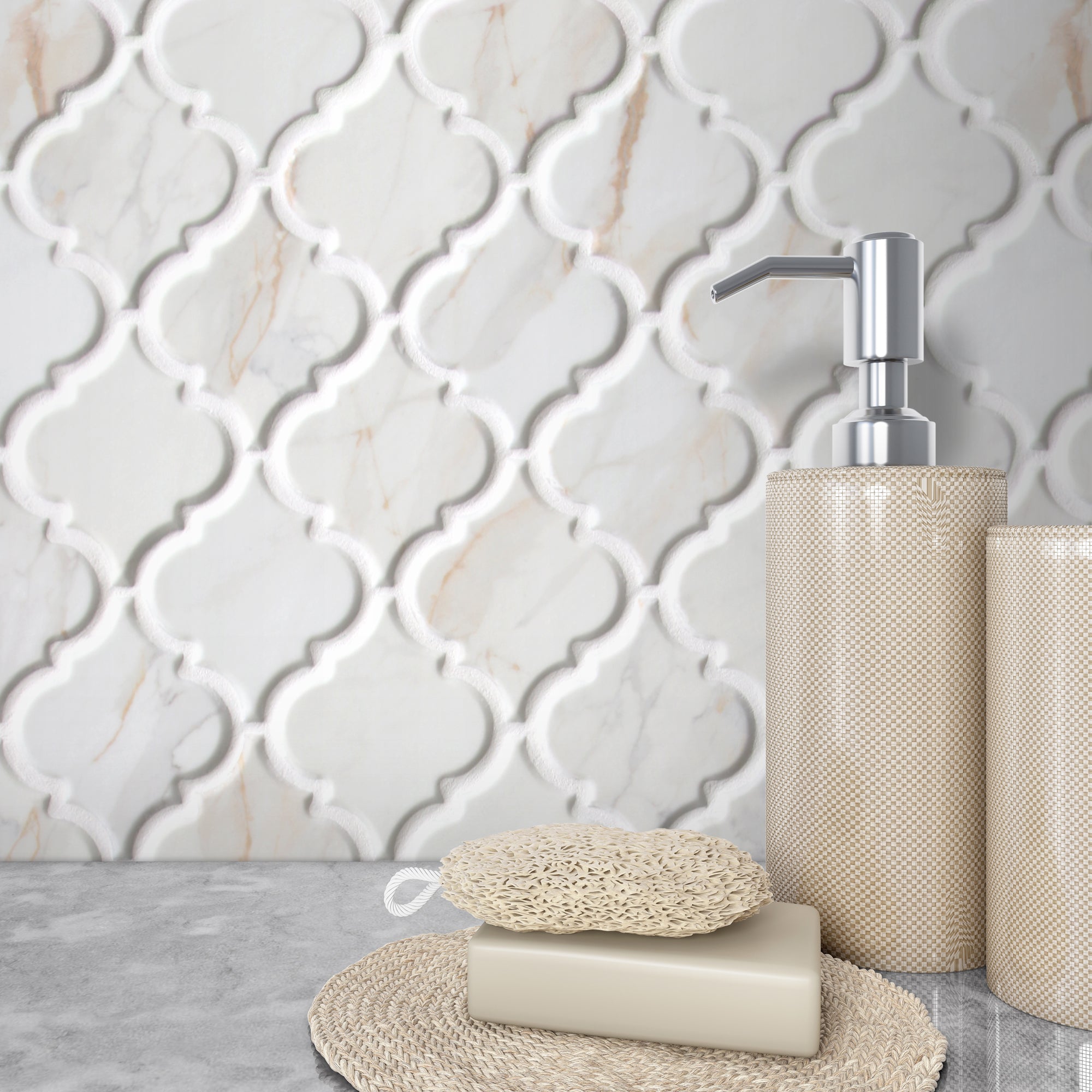 Statuario Gold Arabesque Recycled Glass Floor and Wall Mosaic Tile