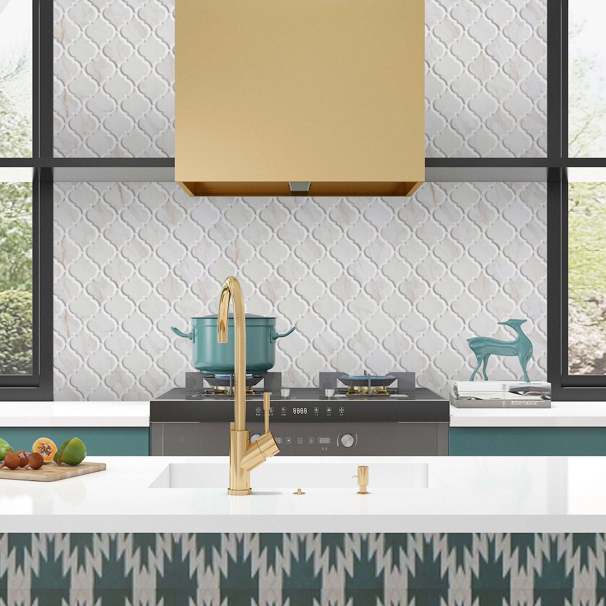 Statuario Gold Arabesque Recycled Glass Floor and Wall Mosaic Tile