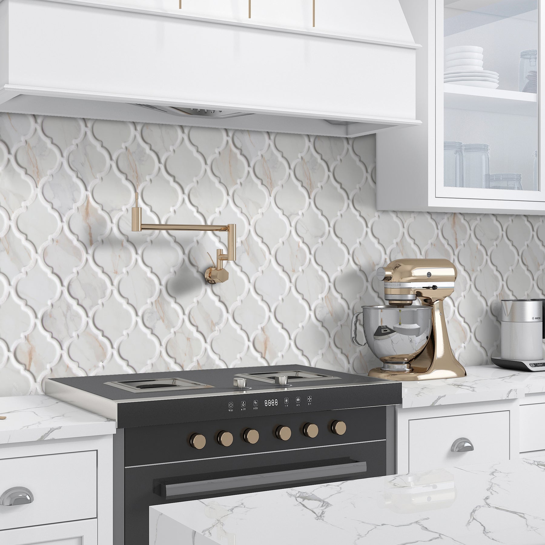 Statuario Gold Arabesque Recycled Glass Floor And Wall Mosaic Tile