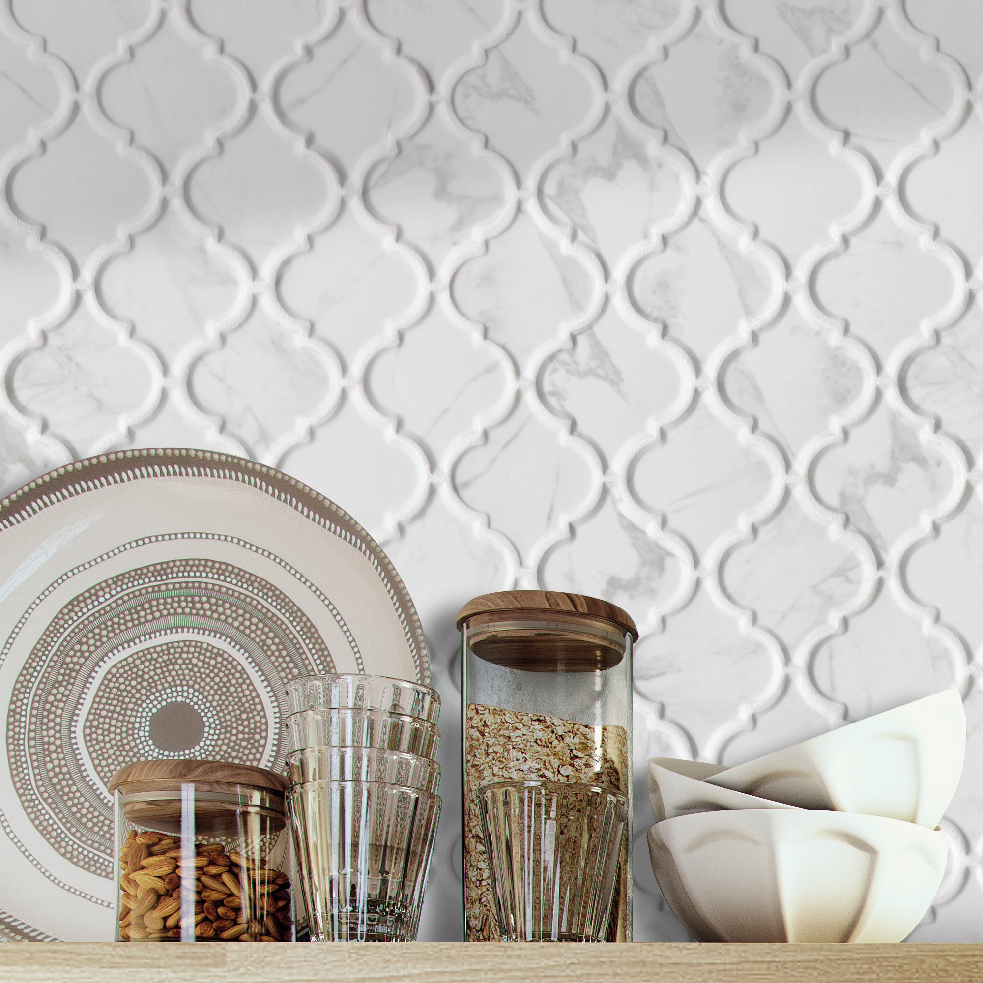 Carrara White Arabesque Recycled Glass Floor and Wall Mosaic Tile