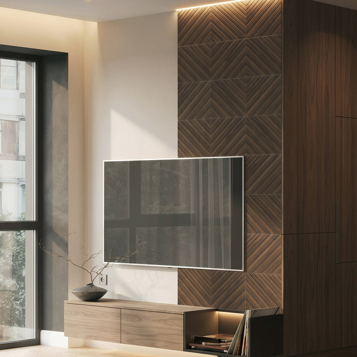 Diagonal Slat Walnut PET Acoustic Felt Tile