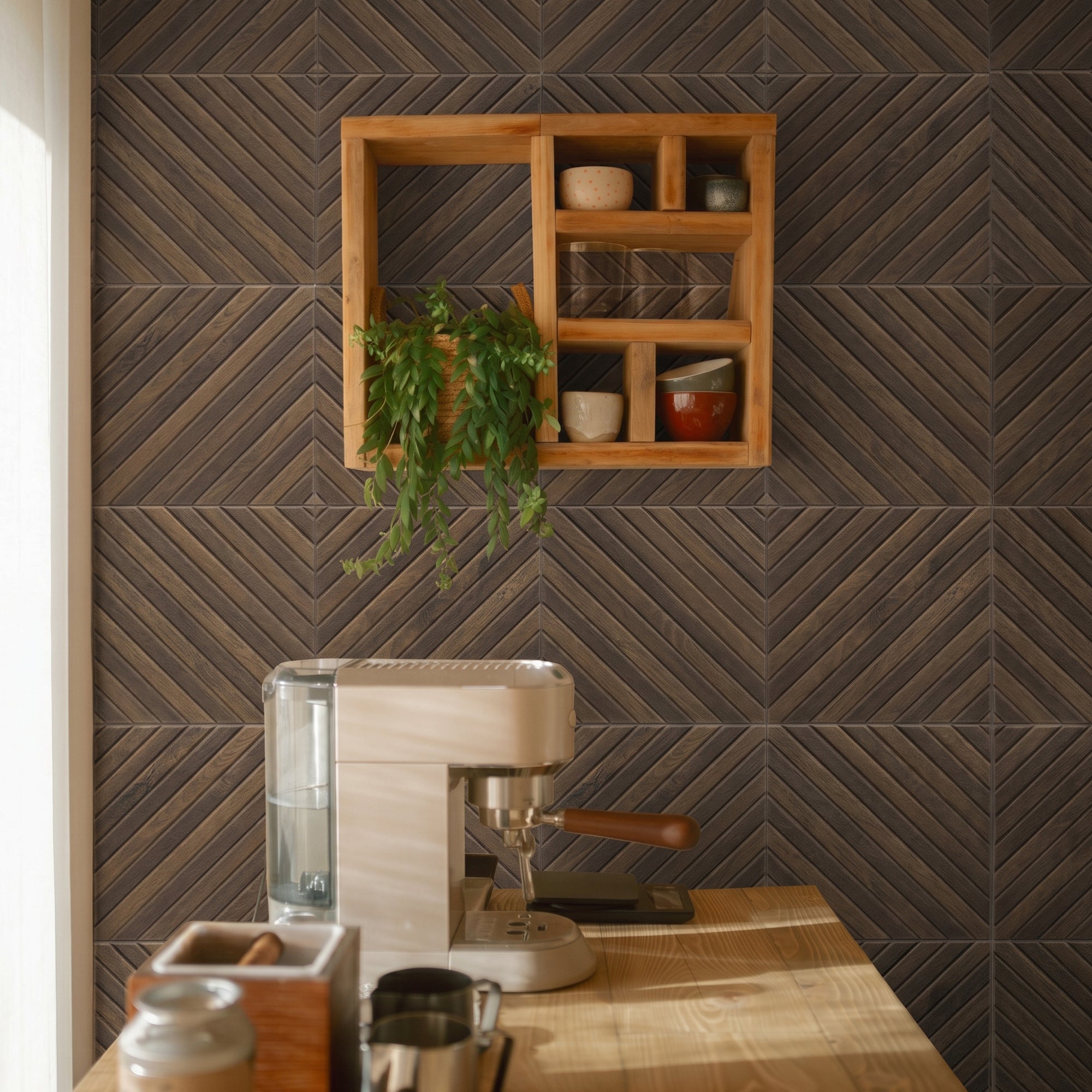 Diagonal Slat Walnut PET Acoustic Felt Tile