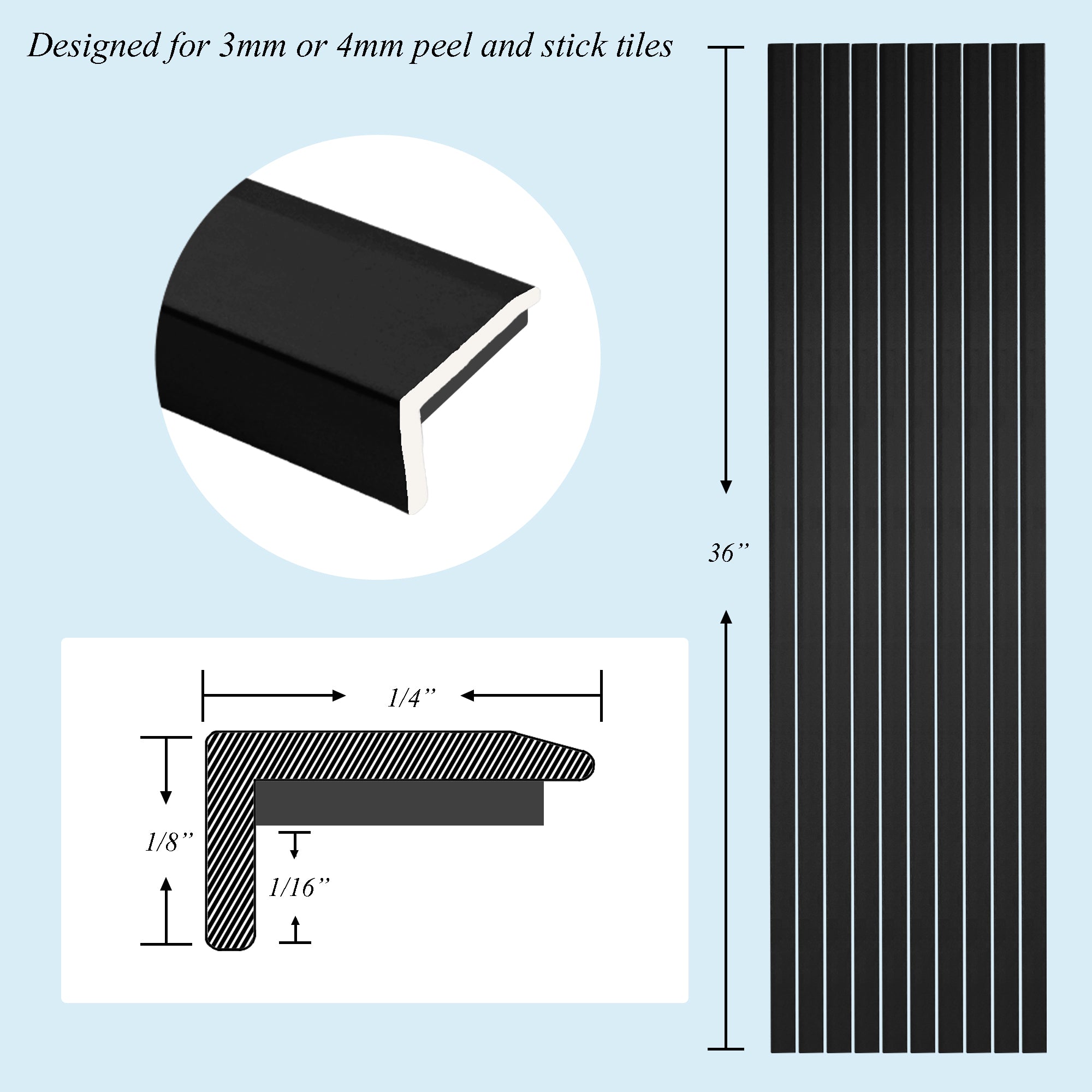 10 Pieces Aluminium Peel and Stick Backsplash Trim, 36Inch Black Matte