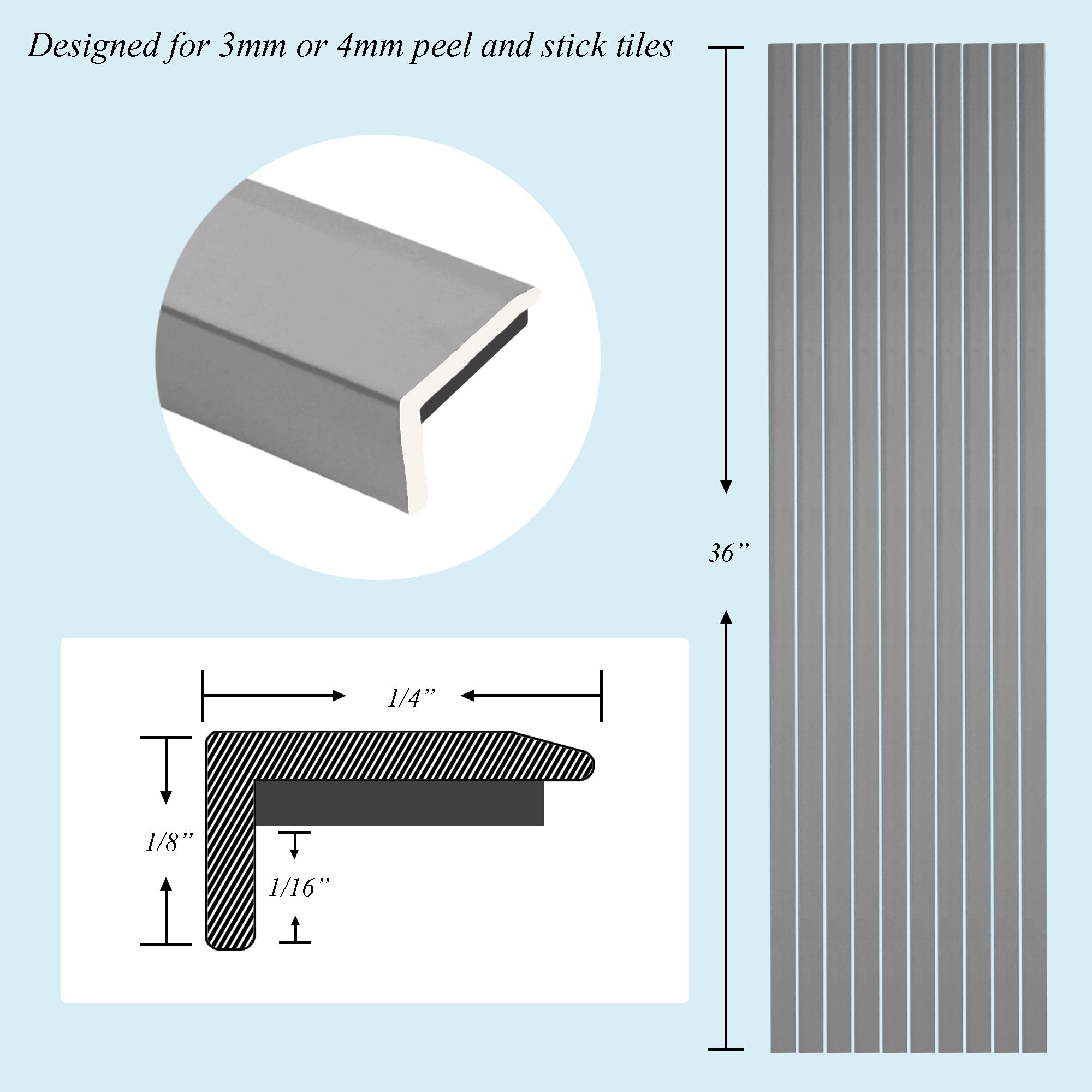 10 Pieces Aluminium Peel and Stick Backsplash Trim, 36Inch Grey Matte