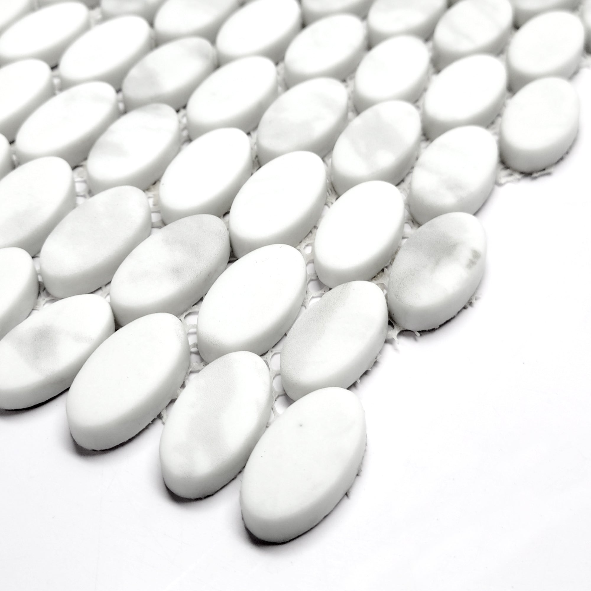 White Calacatta Oval Recycled Glass Floor and Wall Mosaic Tile