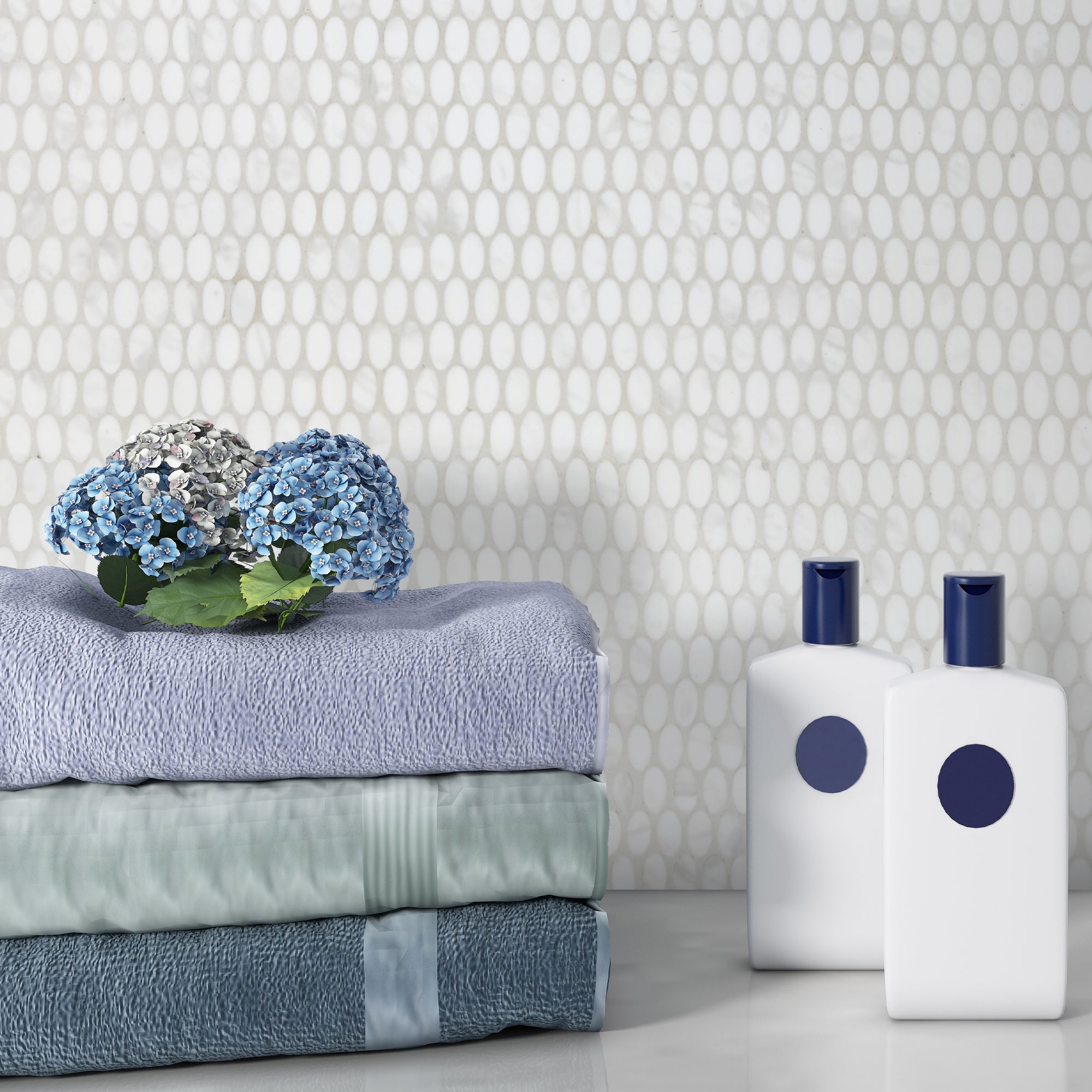 White Calacatta Oval Recycled Glass Floor and Wall Mosaic Tile