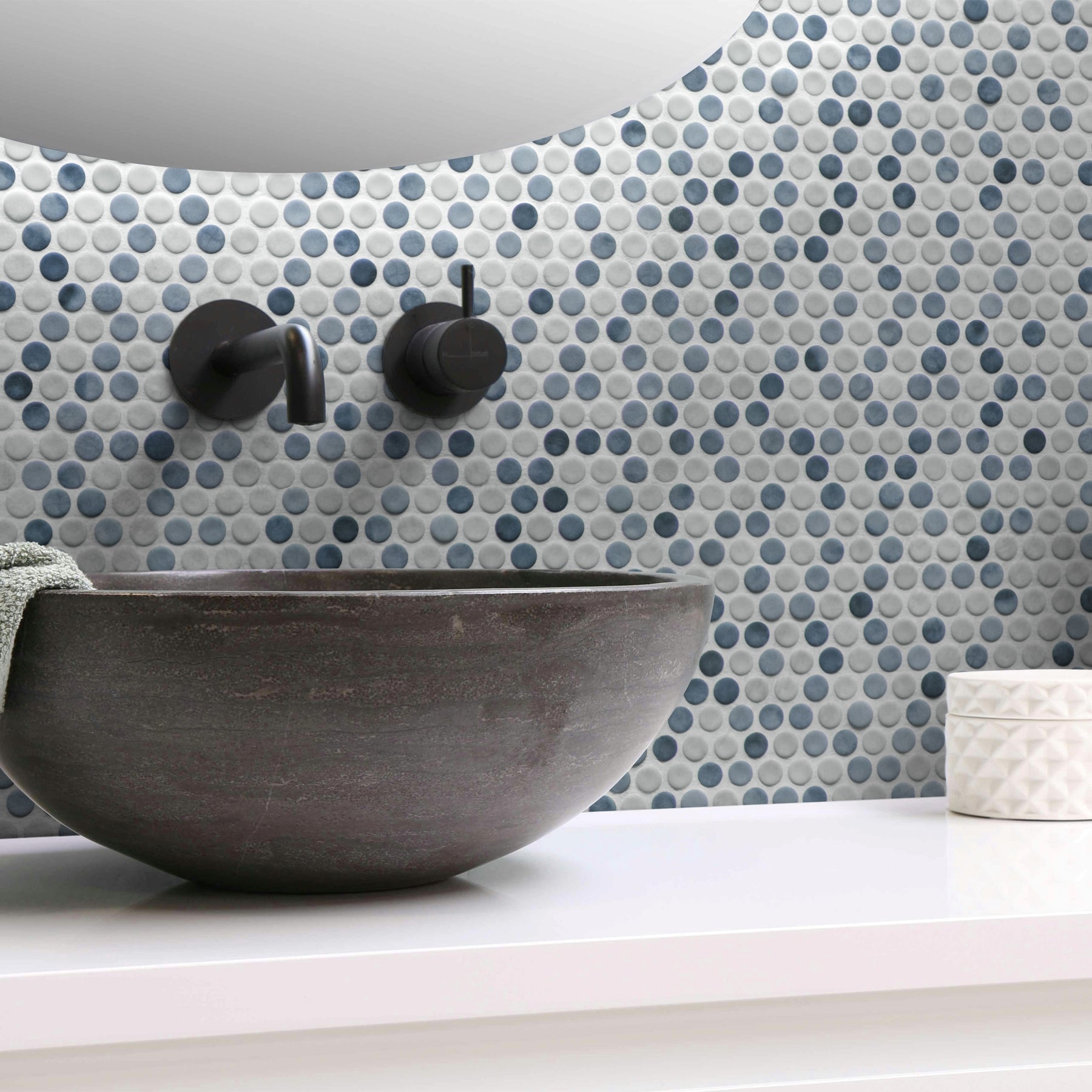 Penny Round Blue Mixed Recycled Glass Floor And Wall Mosaic Tile