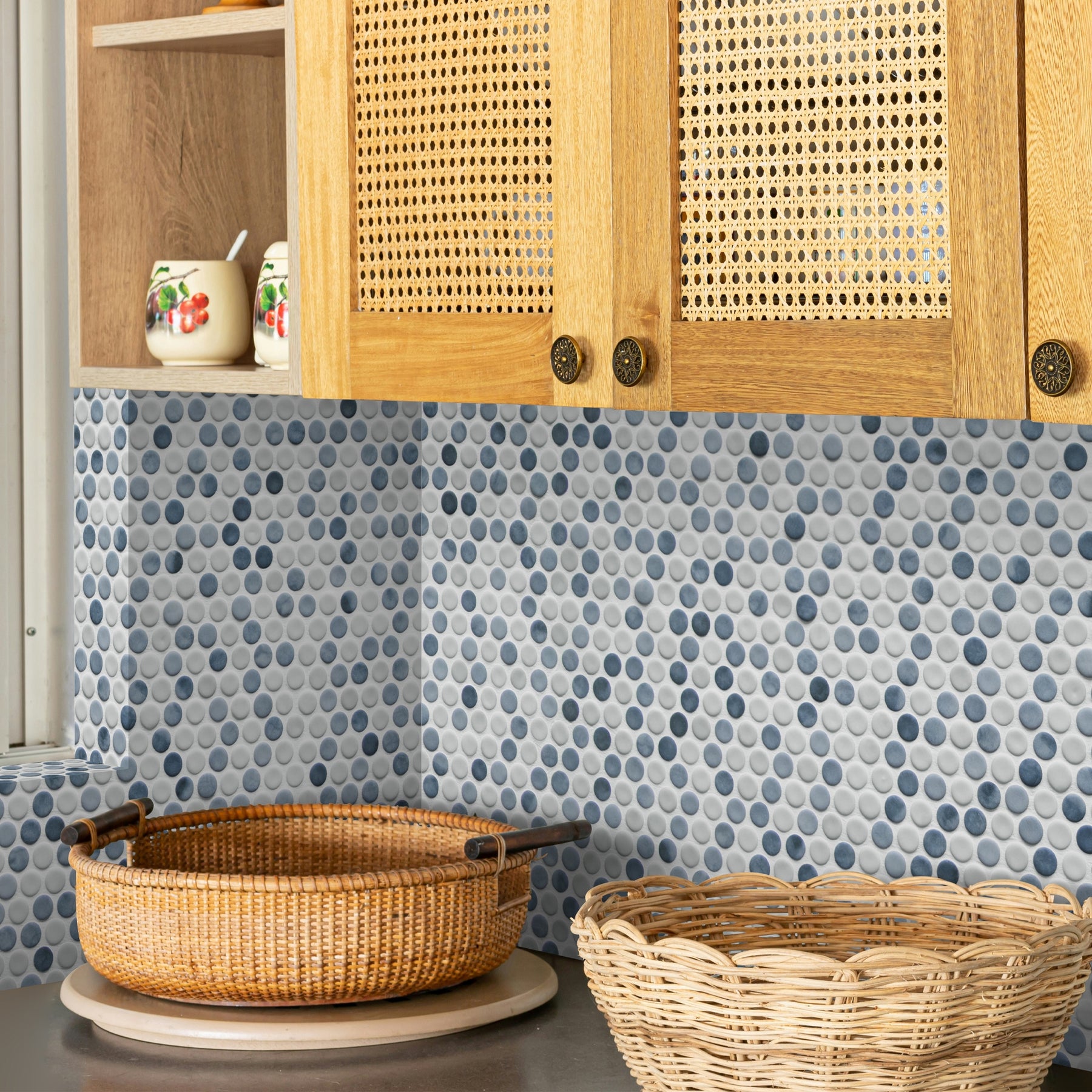 Penny Round Blue Mixed Recycled Glass Floor And Wall Mosaic Tile