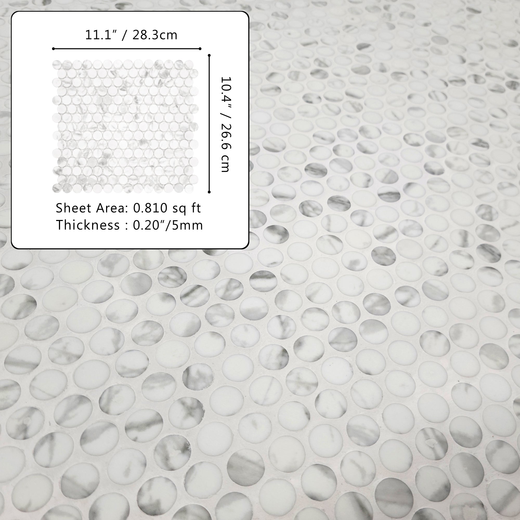 Penny Round Carrara White Recycled Glass Floor and Wall Mosaic Tile