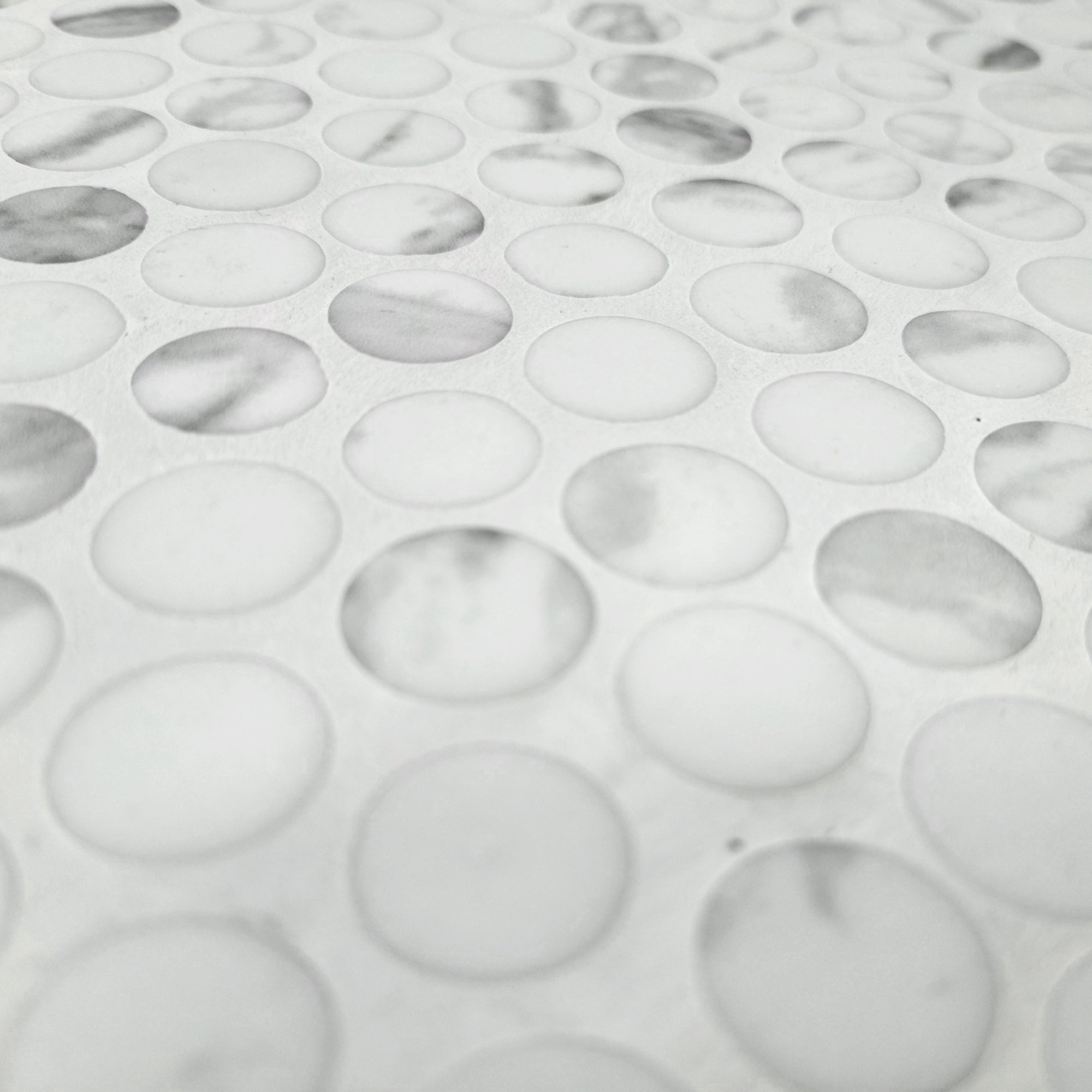 Penny Round Carrara White Recycled Glass Floor and Wall Mosaic Tile