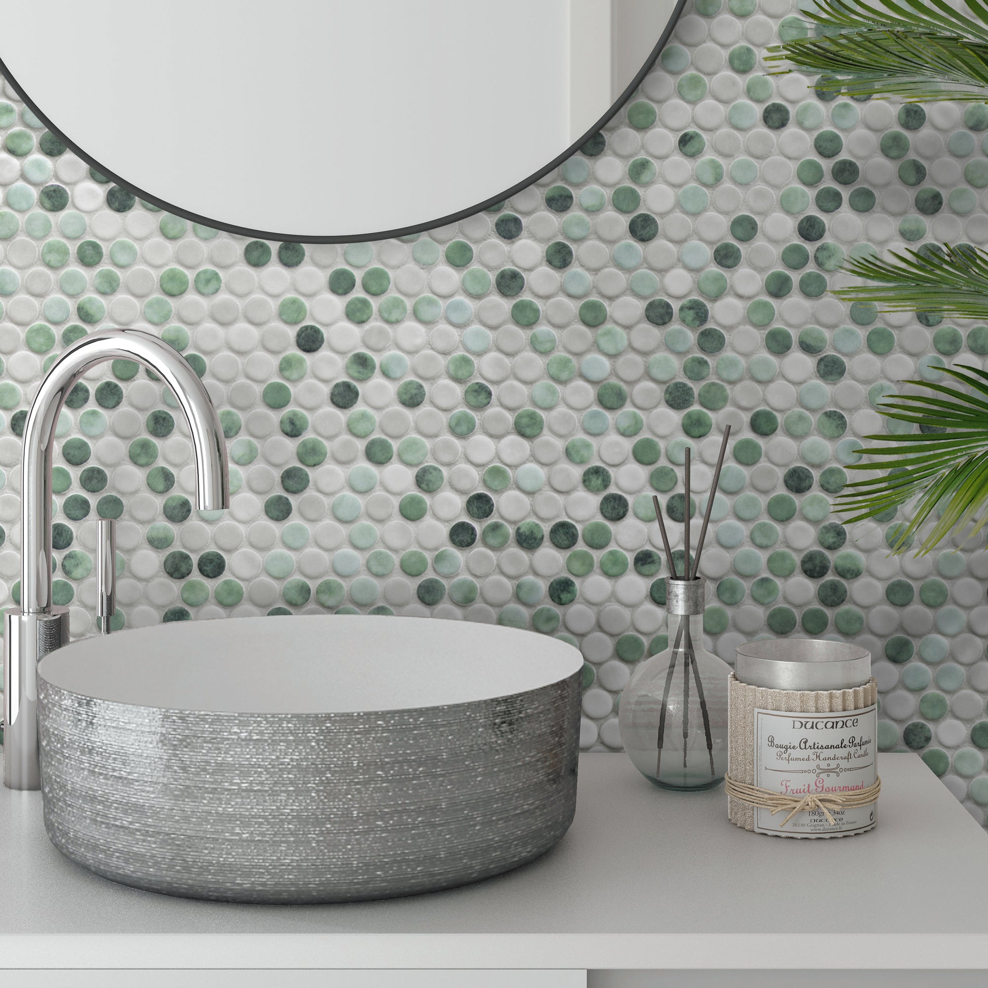 Penny Round Green Recycled Glass Floor and Wall Mosaic Tile