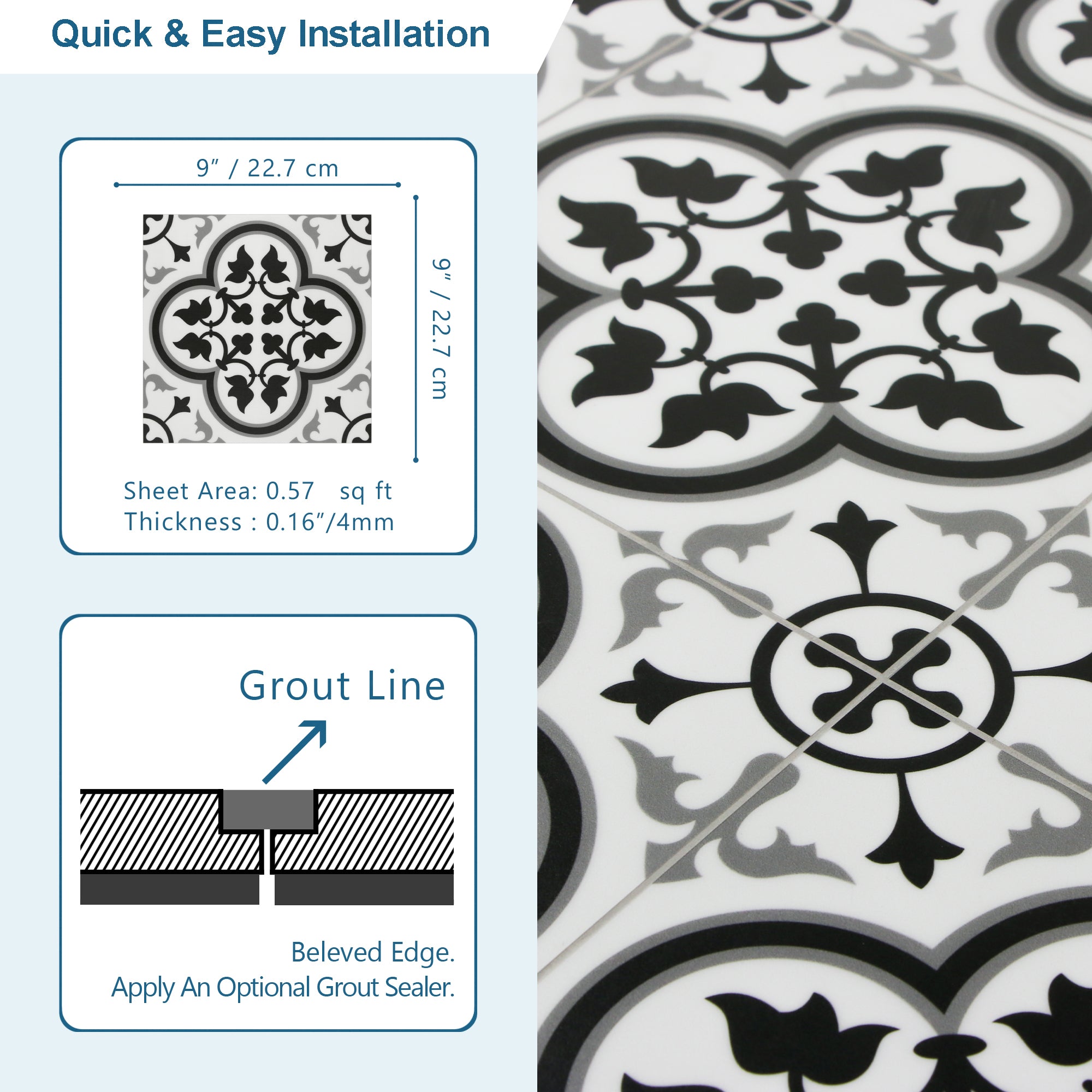 9" x 9" Patterned Black and White Peel and Stick Floor and Wall Tile