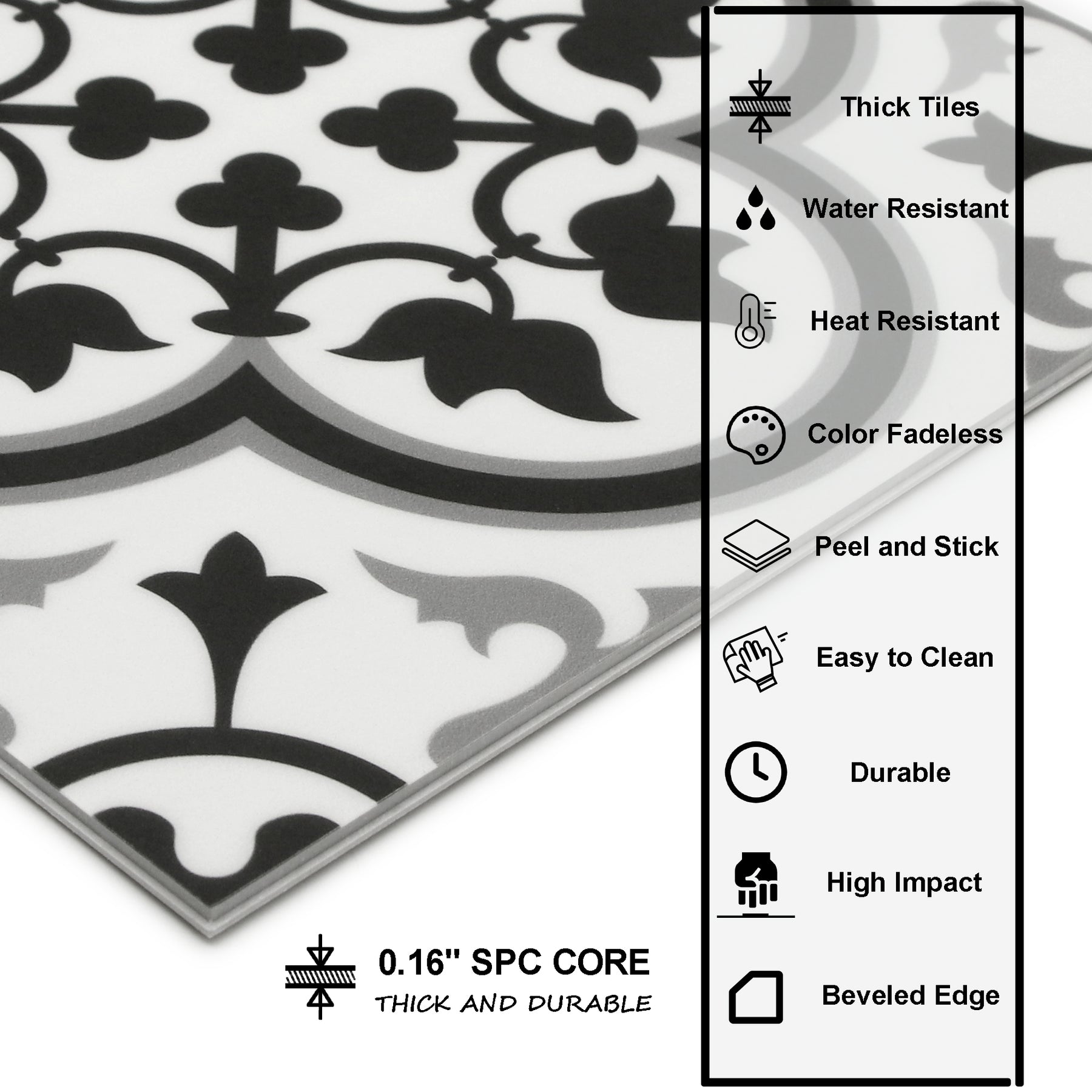 9" x 9" Patterned Black and White Peel and Stick Backsplash Wall and Floor Tile