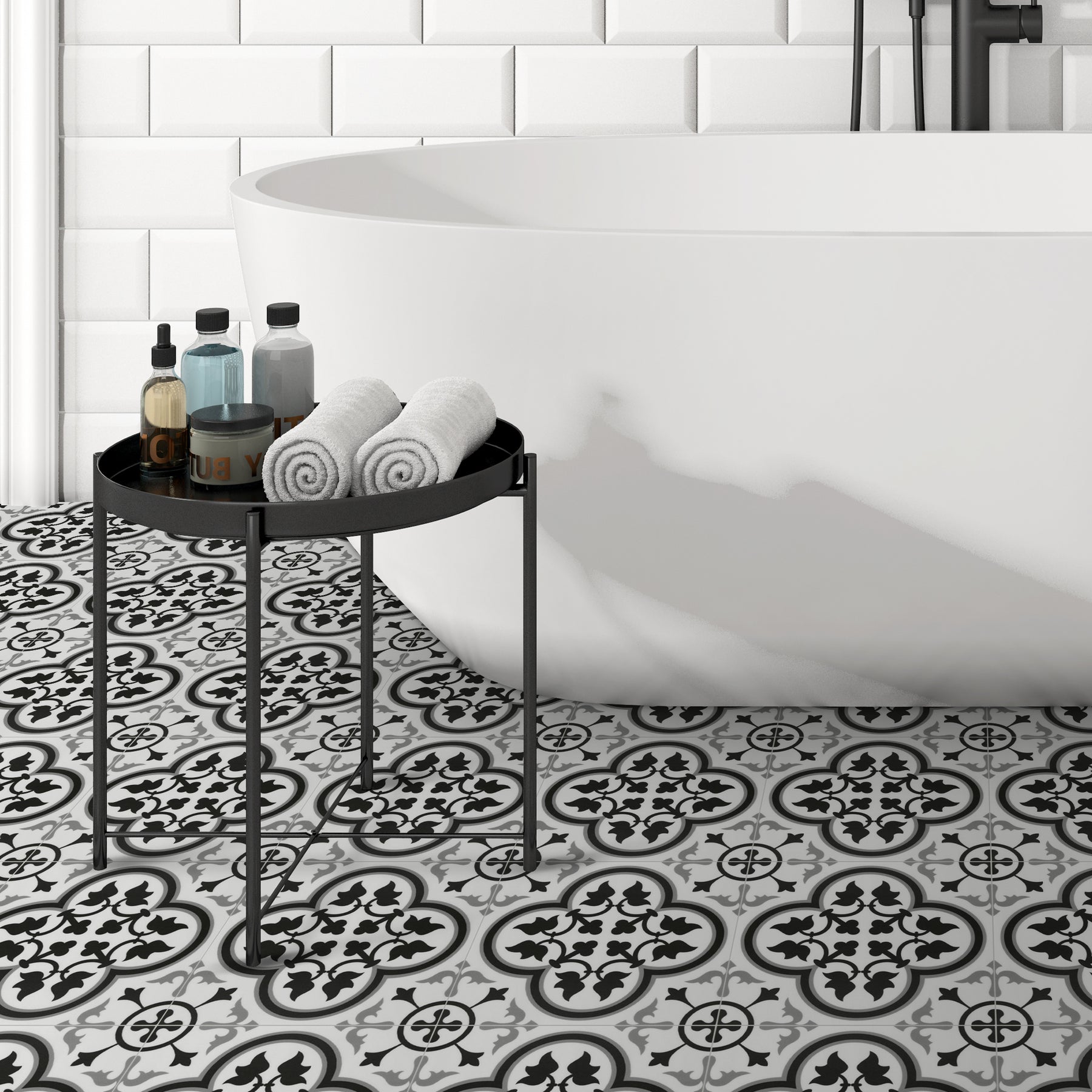 9" x 9" Patterned Black and White Peel and Stick Backsplash Wall and Floor Tile