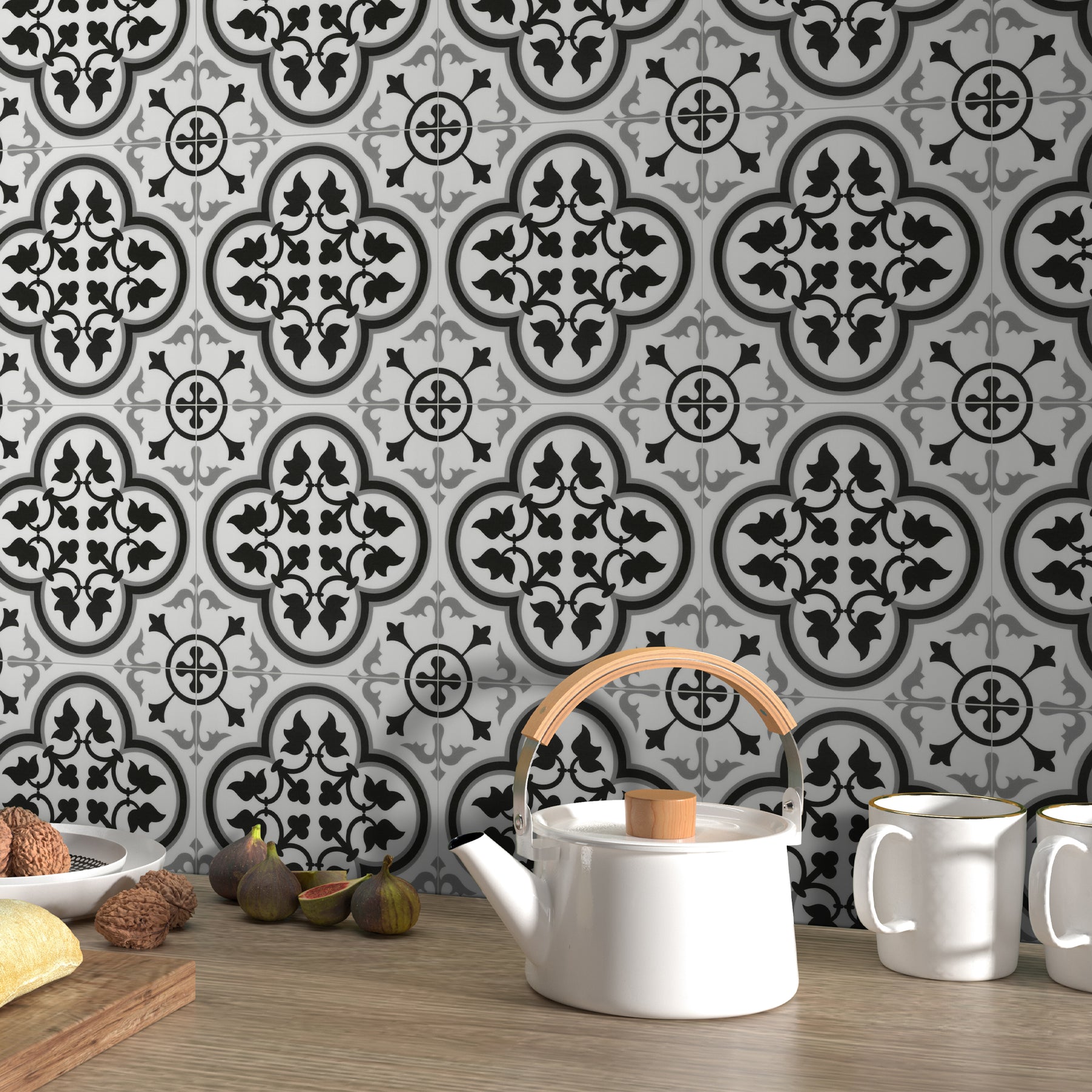 9" x 9" Patterned Black and White Peel and Stick Backsplash Wall and Floor Tile