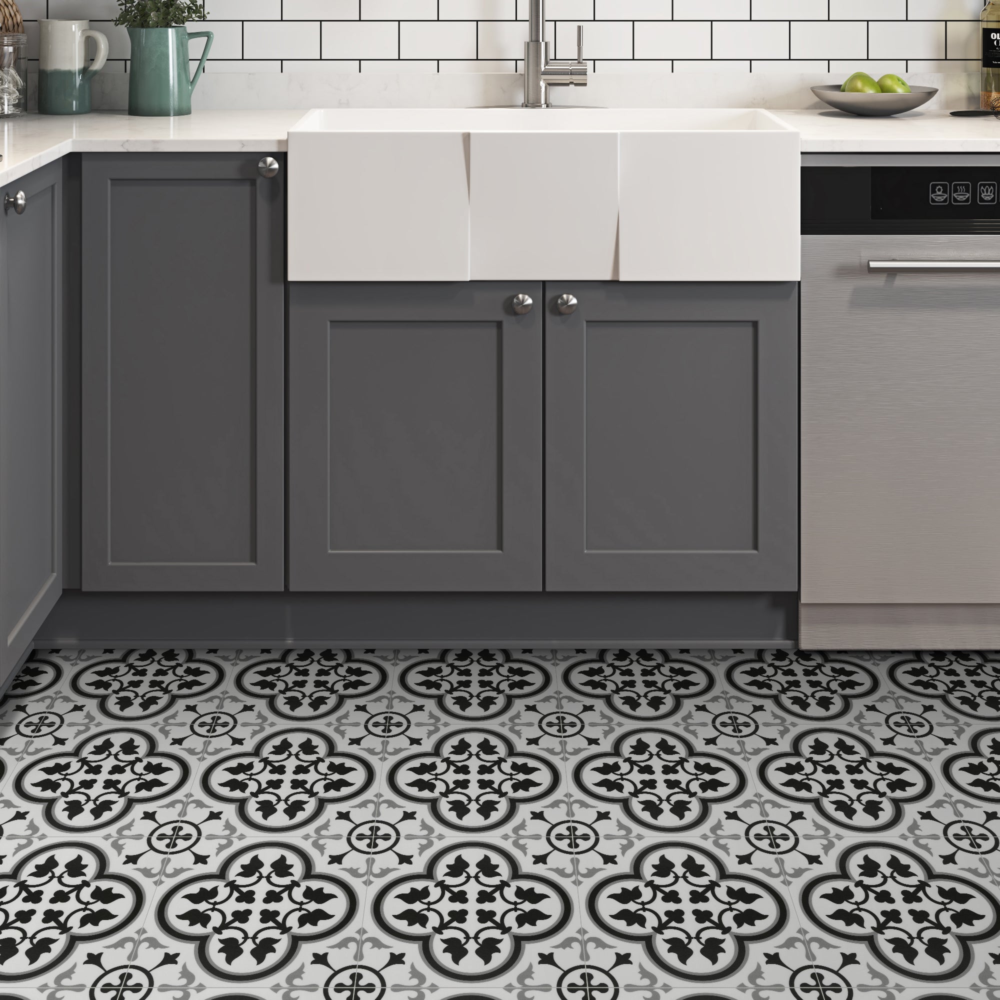 9" x 9" Patterned Black and White Peel and Stick Floor and Wall Tile