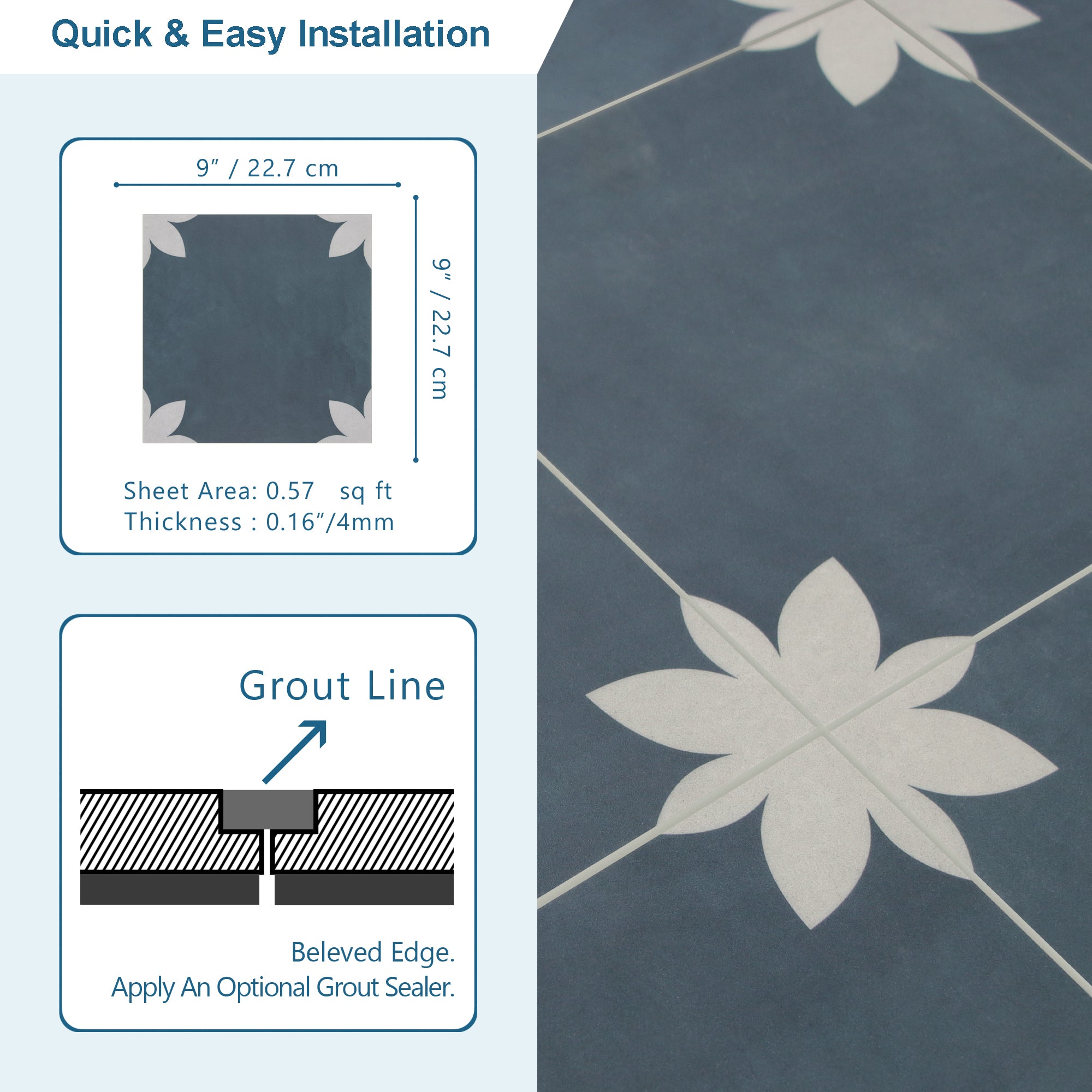 9" x 9" Flower Blue Peel and Stick Backsplash Wall and Floor Tile