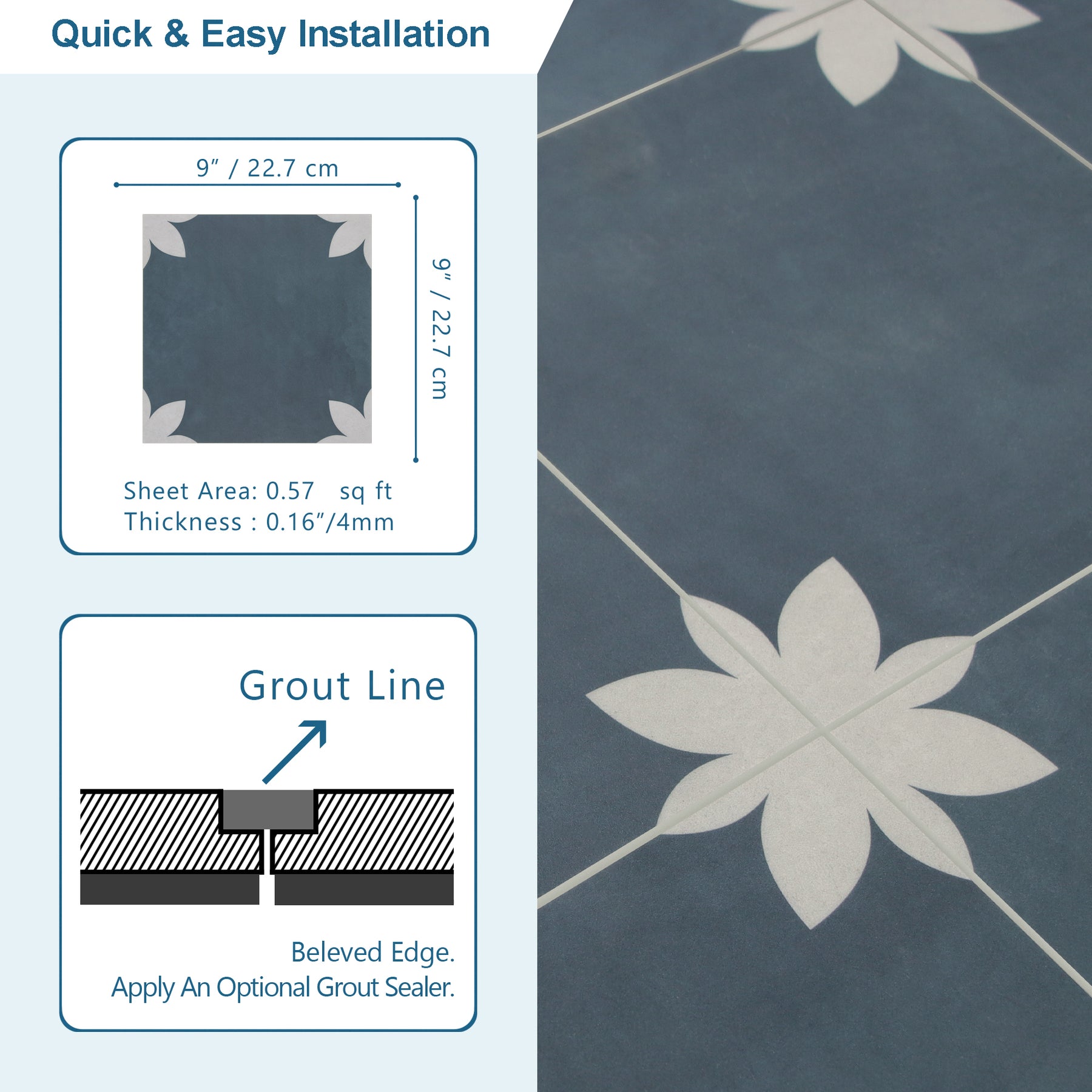9" x 9" Flower Blue Peel and Stick Backsplash Wall and Floor Tile