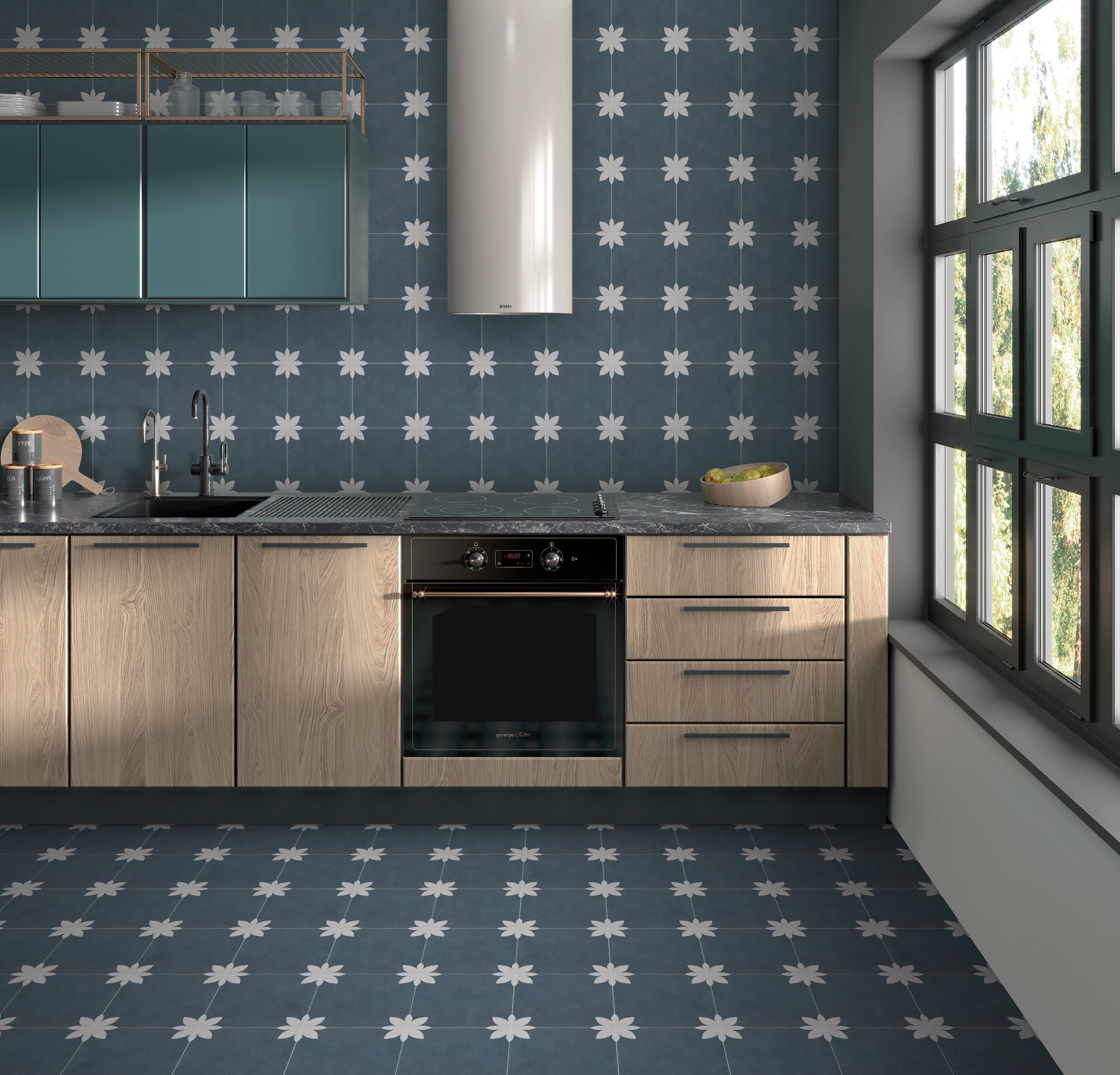 9" x 9" Flower Blue Peel and Stick Backsplash Wall and Floor Tile