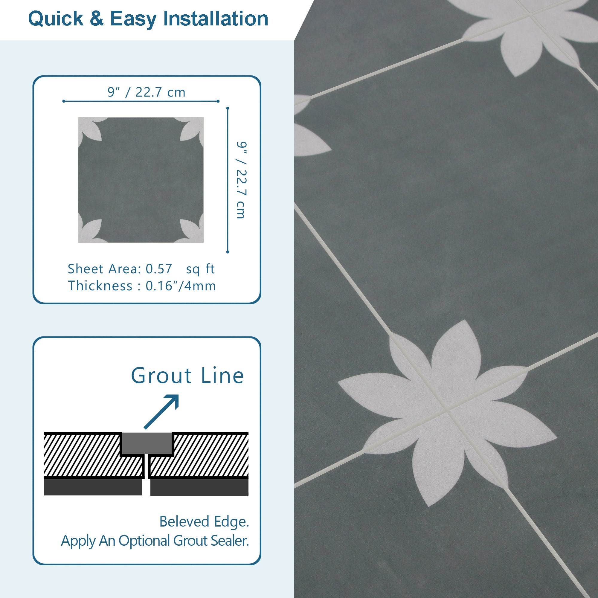 9" x 9" Flower Gray Peel and Stick Backsplash Wall and Floor Tile