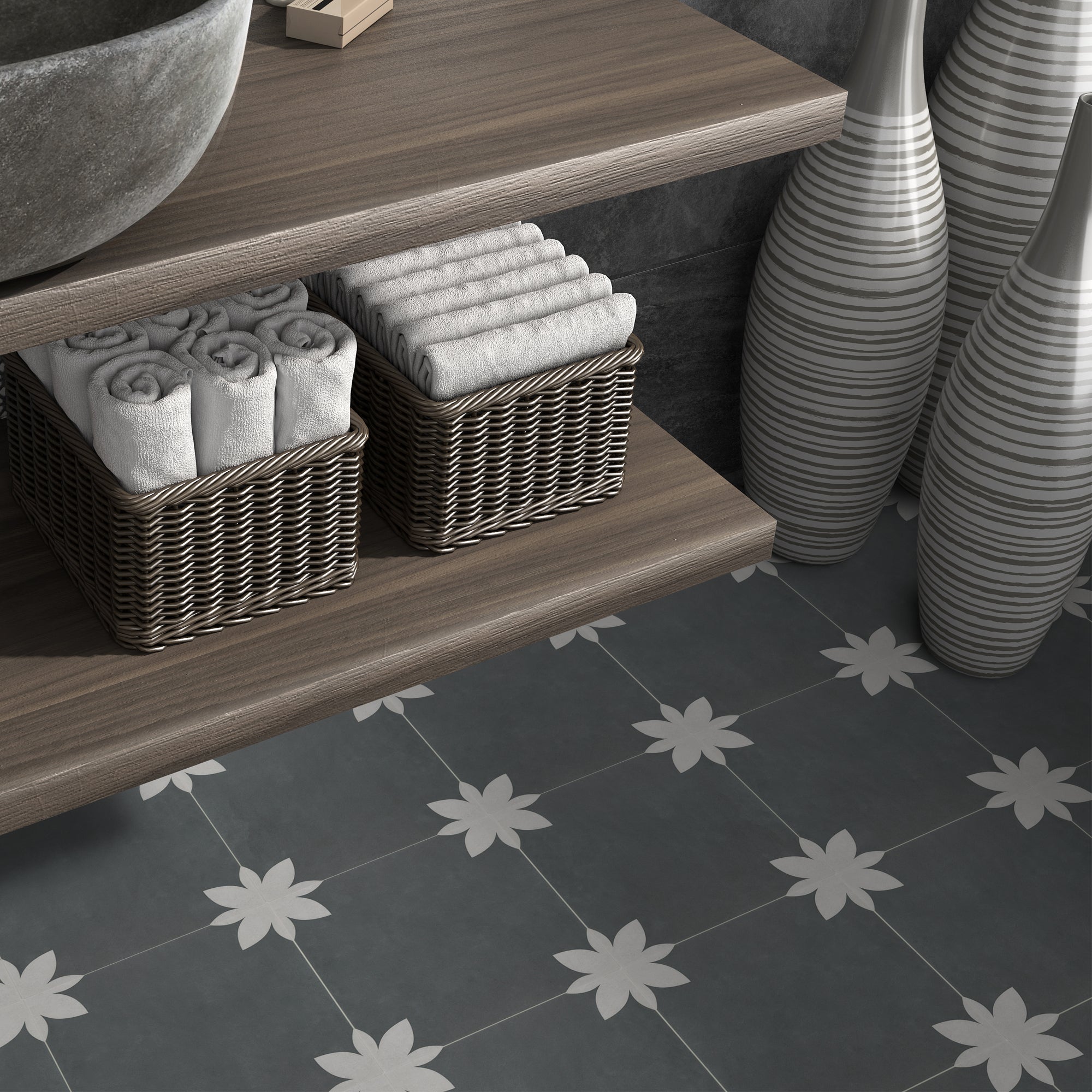 9" x 9" Flower Gray Peel and Stick Backsplash Wall and Floor Tile