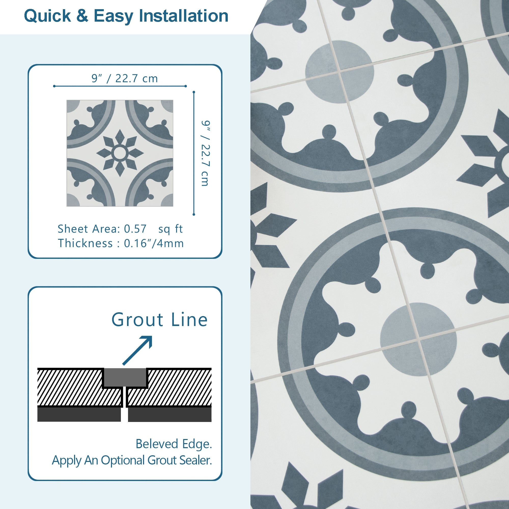9" x 9" Patterned Blue Peel and Stick Backsplash Wall and Floor Tile