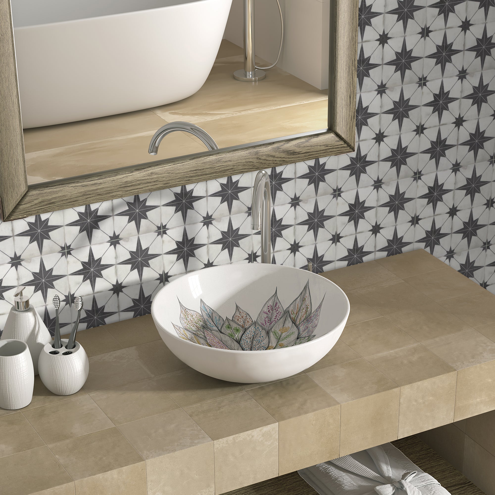 9" x 9" Patterned Beige Peel and Stick Floor and Wall Tile