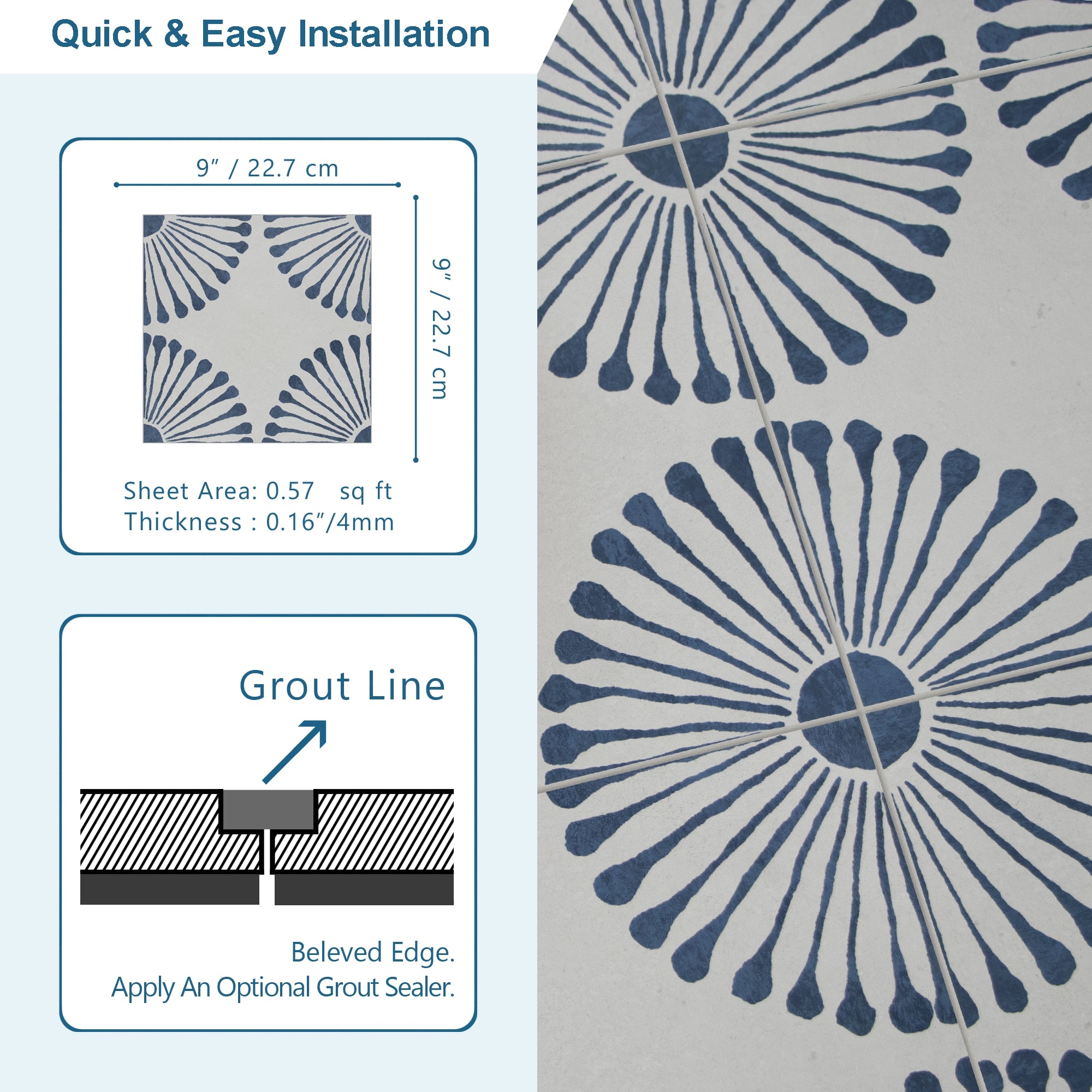 9" x 9" Patterned Blue Peel and Stick Floor and Wall Tile