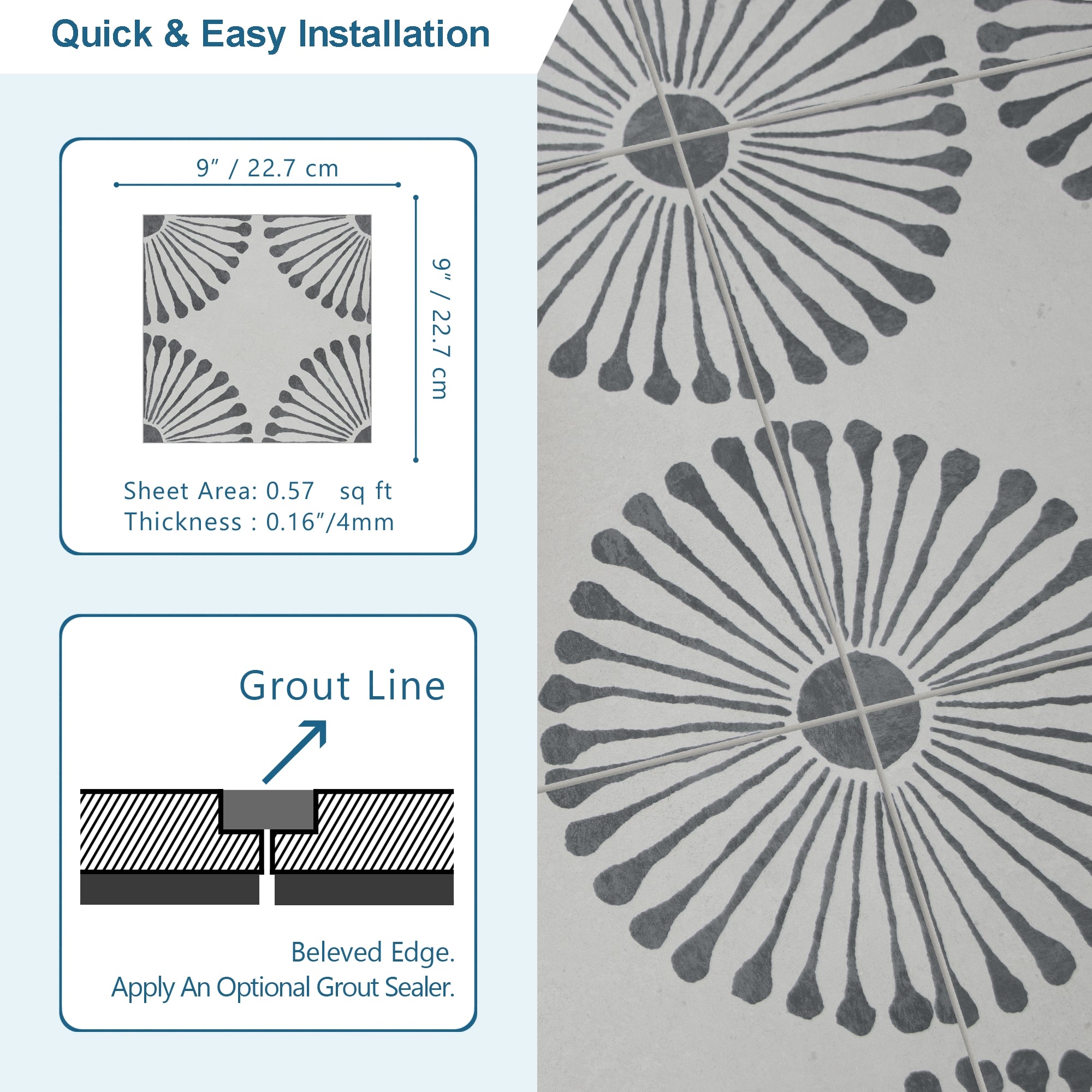 9" x 9" Patterned Gray Peel and Stick Floor and Wall Tile