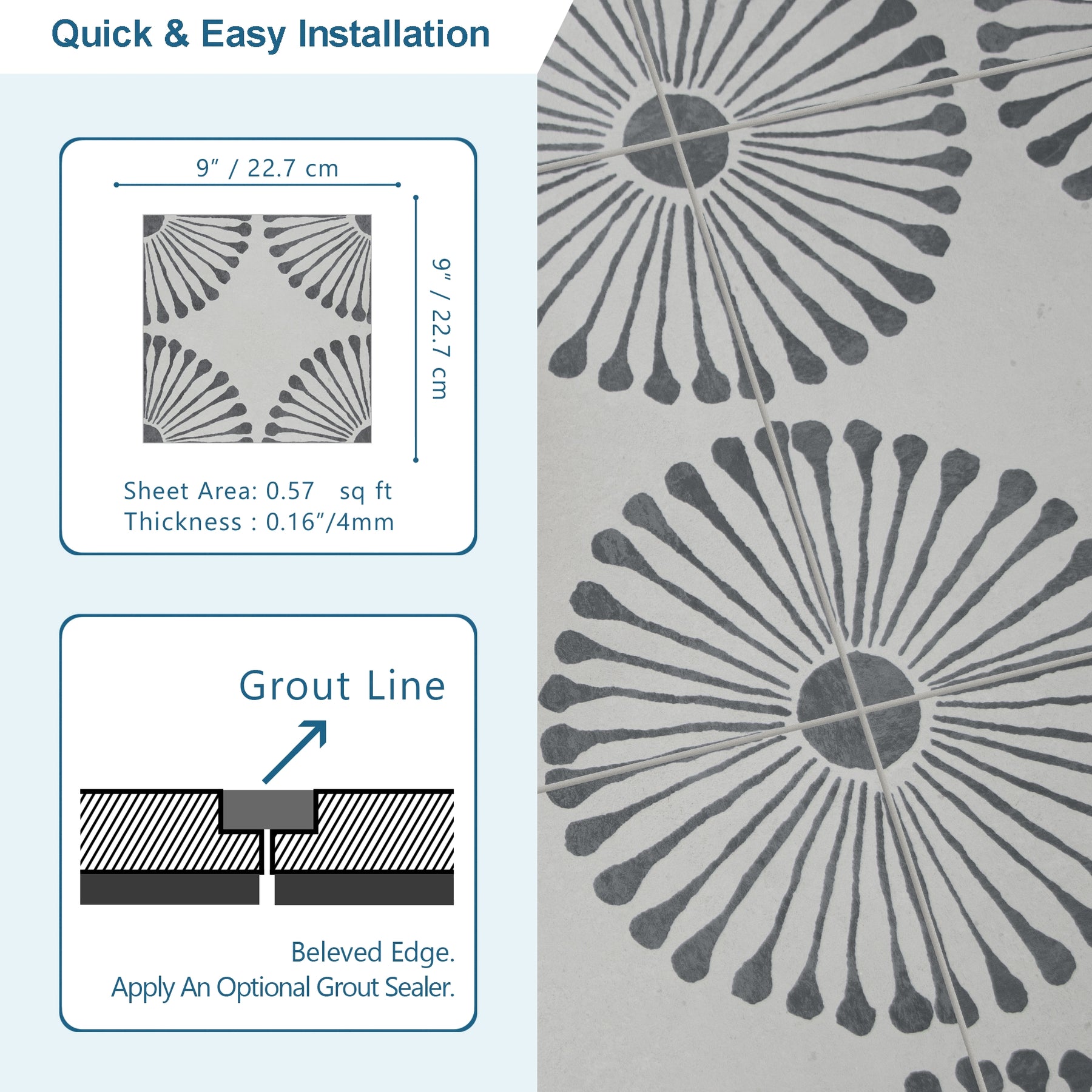 9" x 9" Patterned Gray Peel and Stick Backsplash Wall and Floor Tile