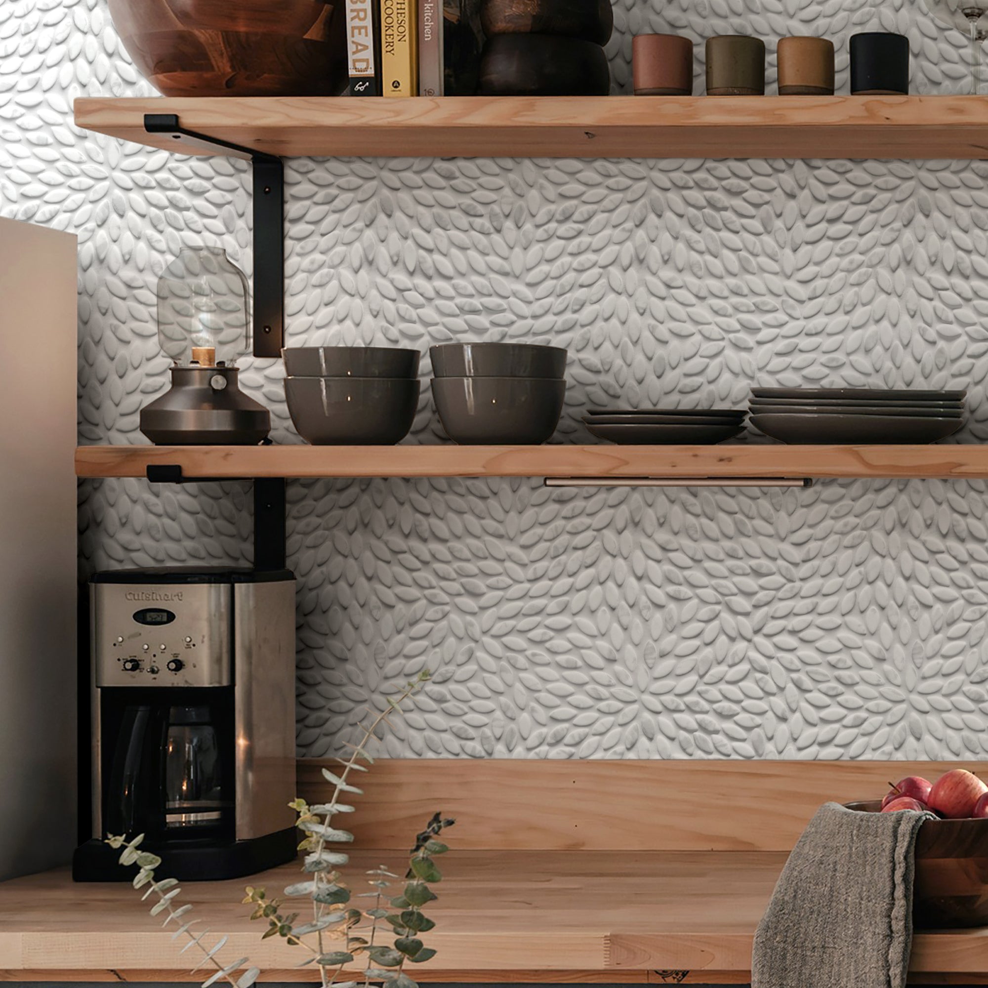 Flower Carrara White Recycled Glass Floor and Wall Mosaic Tile